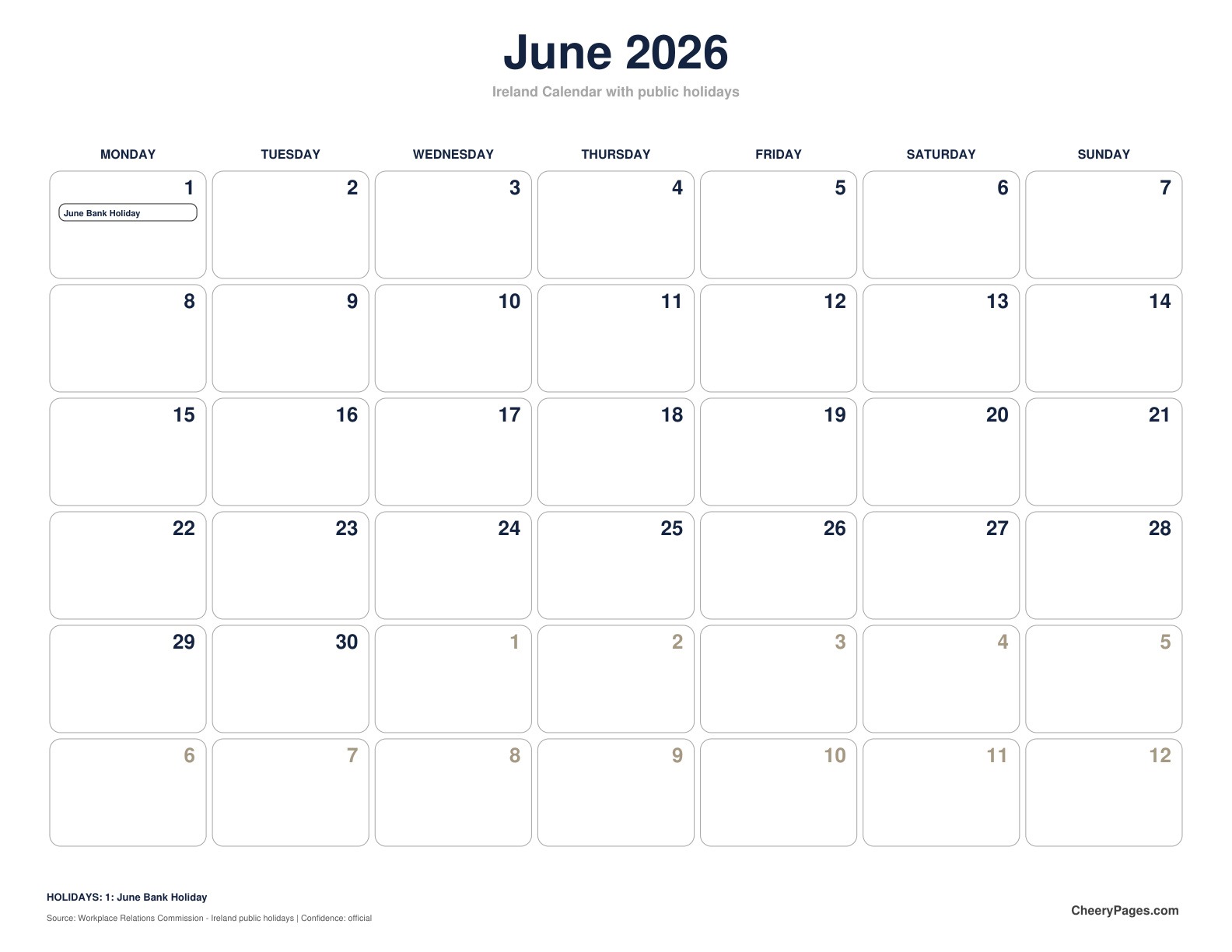 Ireland June 2026 Calendar - Black and White Ink Saver printable preview
