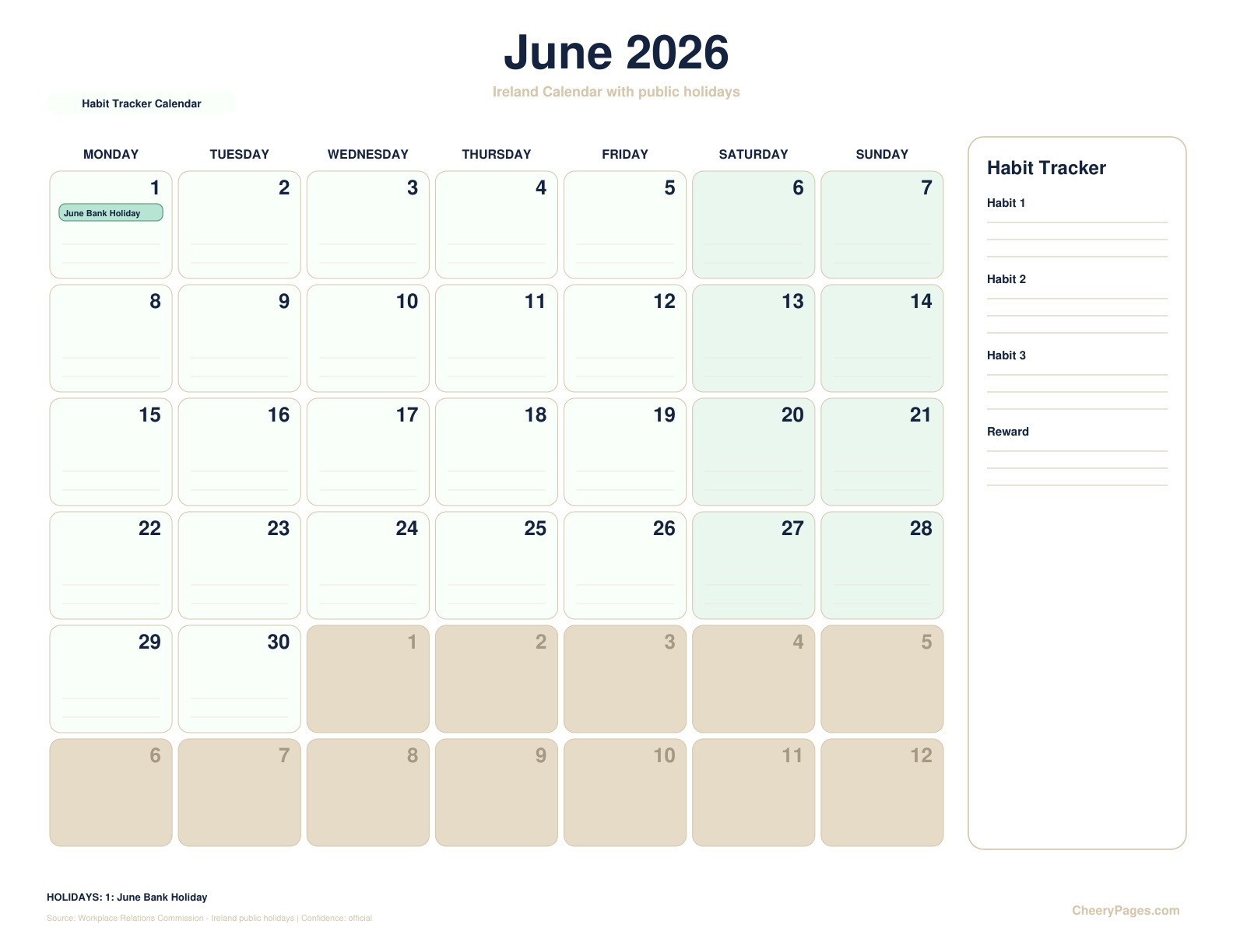 Ireland June 2026 Calendar - Habit Tracker Calendar printable preview