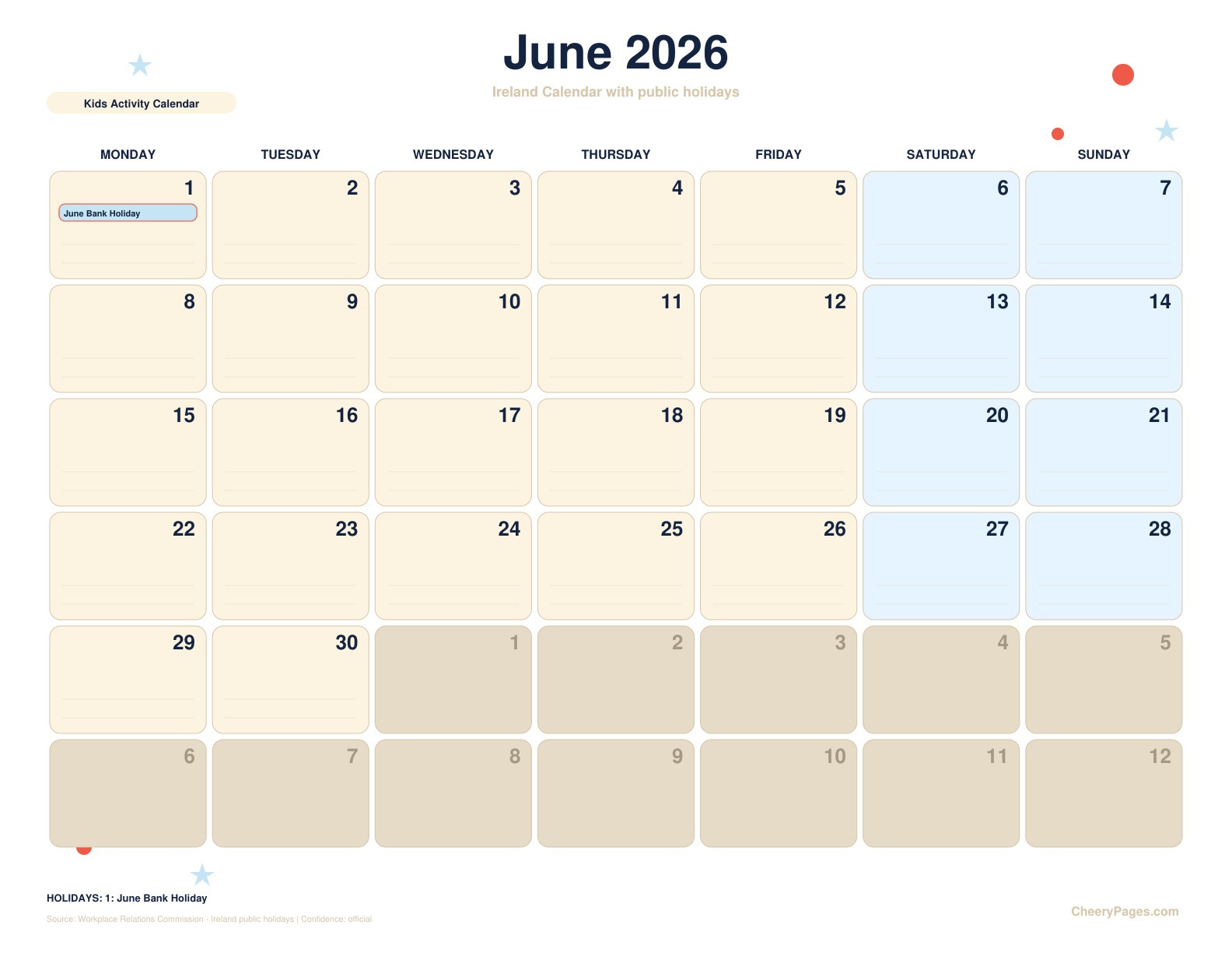 Ireland June 2026 Calendar - Kids Activity Calendar printable preview