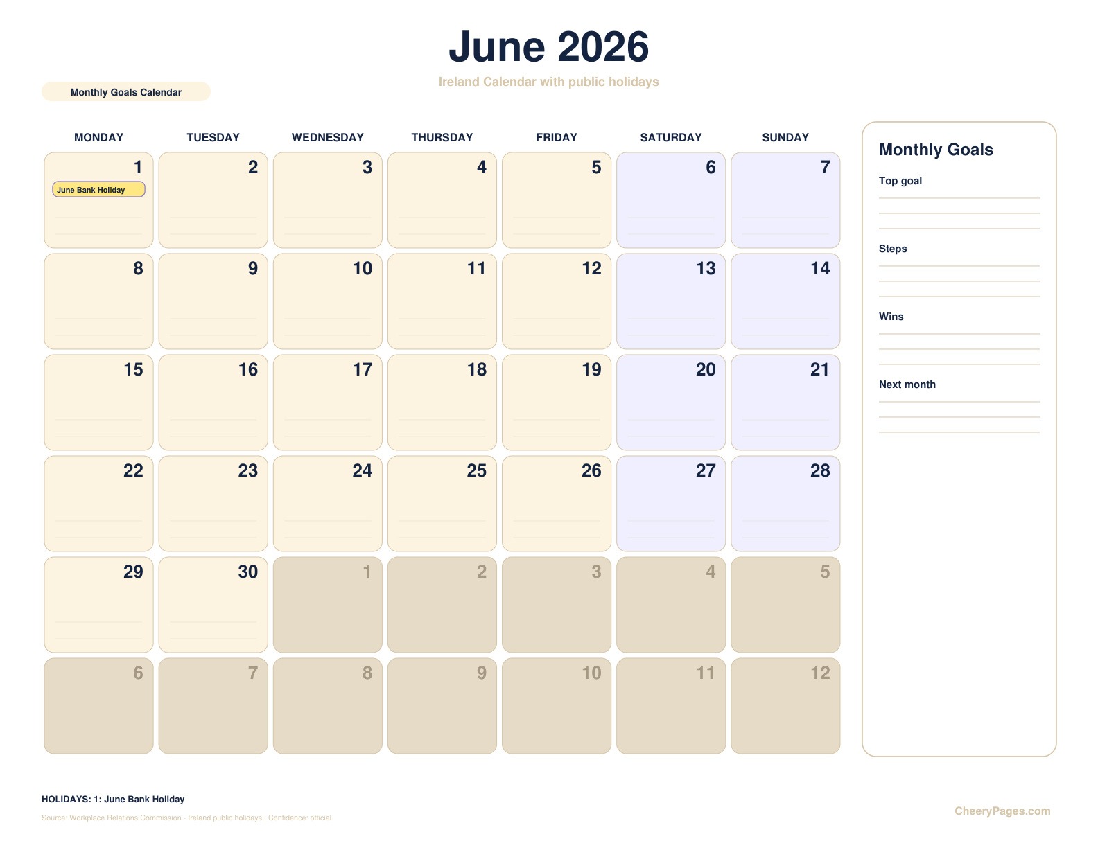 Ireland June 2026 Calendar - Monthly Goals Calendar printable preview