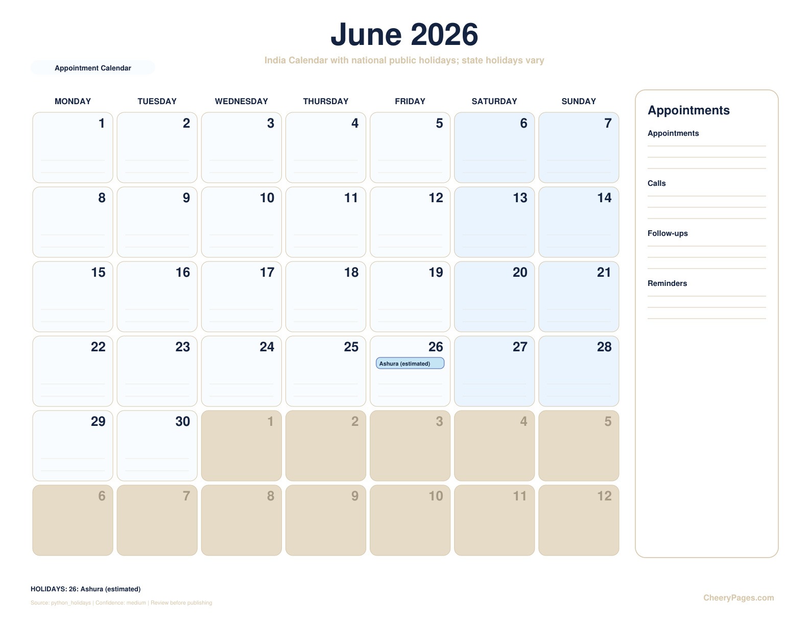 India June 2026 Calendar - Appointment Calendar printable preview