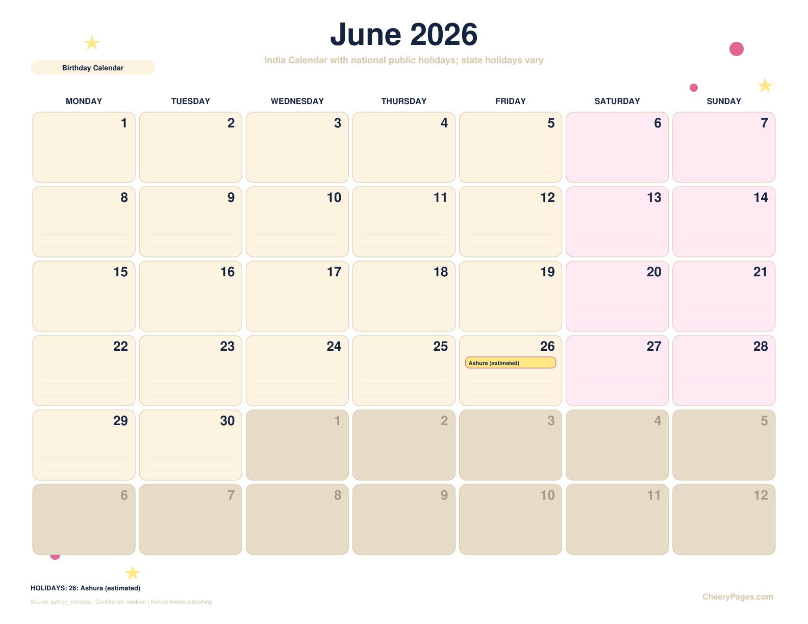India June 2026 Calendar - Birthday Calendar printable preview