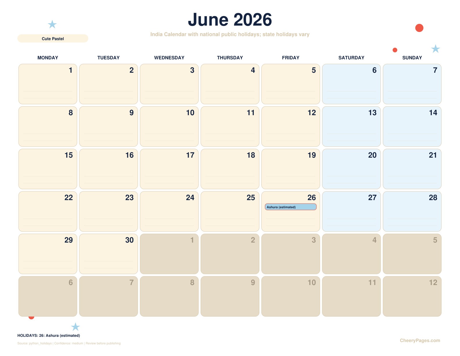 India June 2026 Calendar - Cute Pastel printable preview