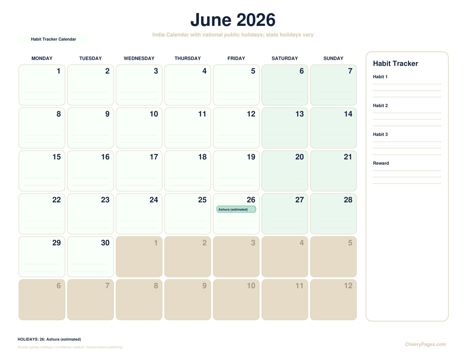 India June 2026 Calendar - Habit Tracker Calendar printable preview