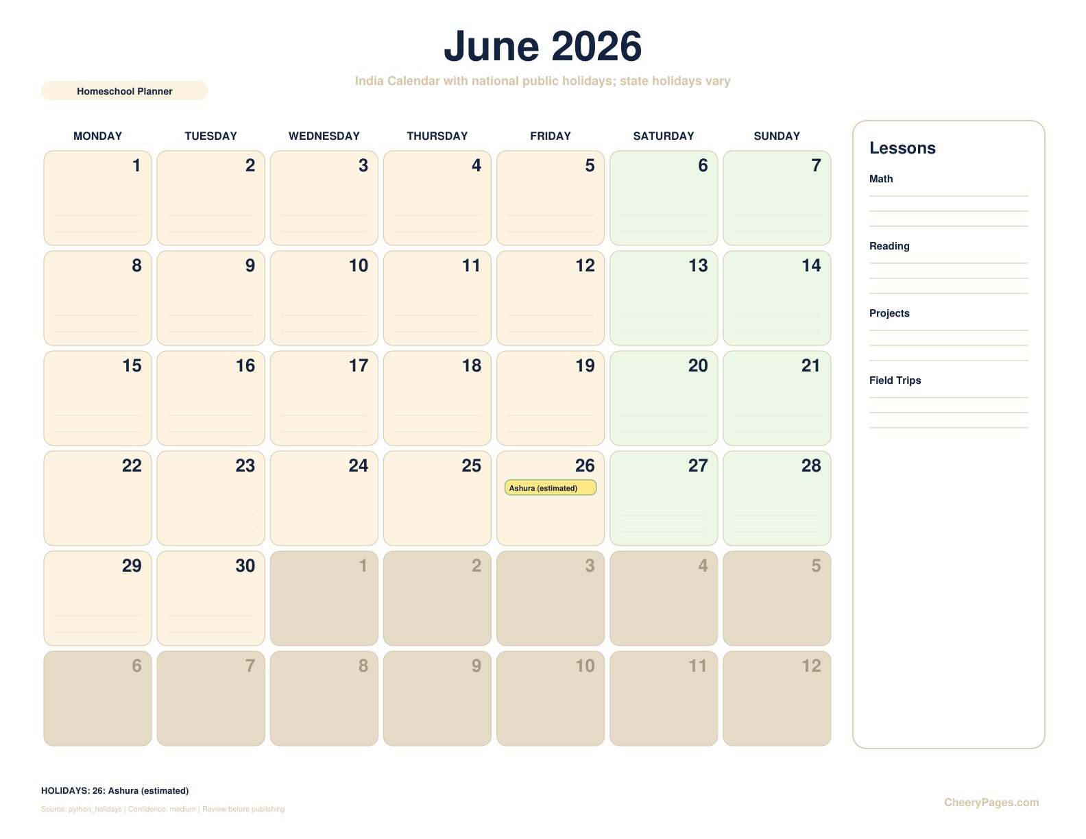 India June 2026 Calendar - Homeschool Planner printable preview