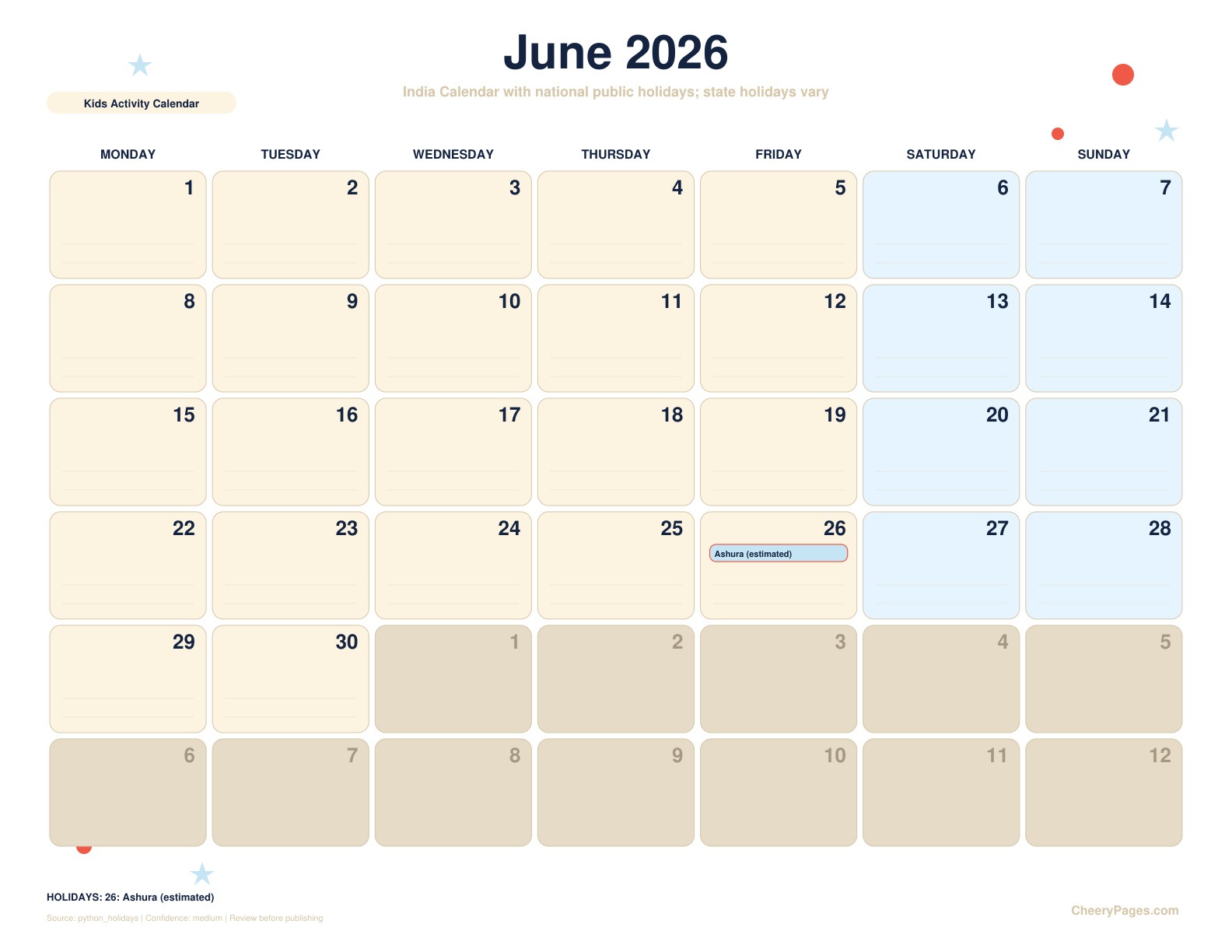 India June 2026 Calendar - Kids Activity Calendar printable preview