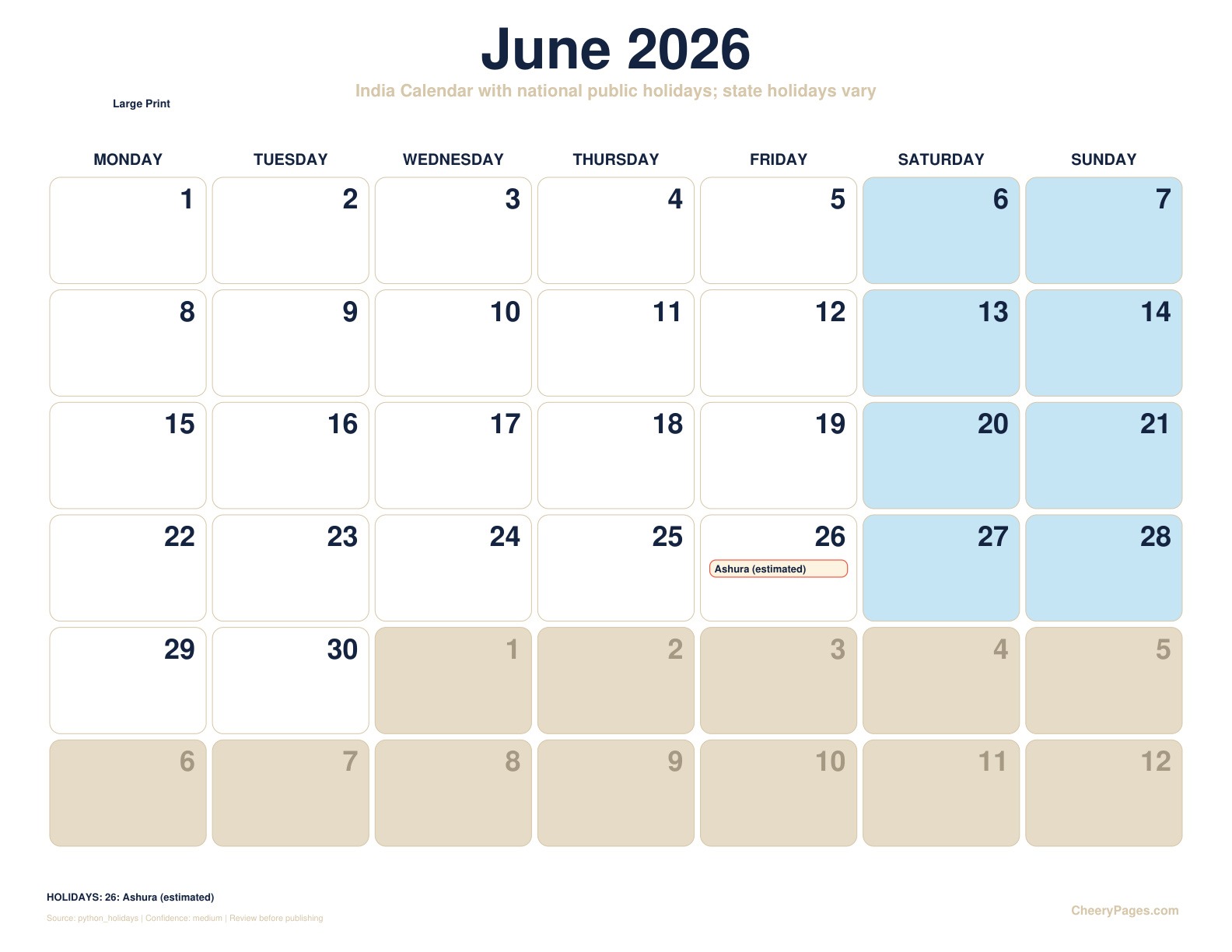 India June 2026 Calendar - Large Print printable preview