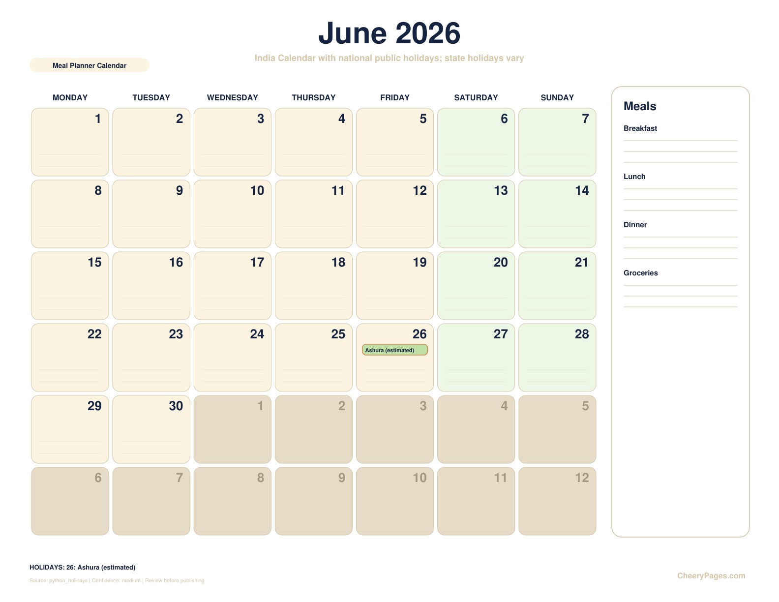 India June 2026 Calendar - Meal Planner Calendar printable preview