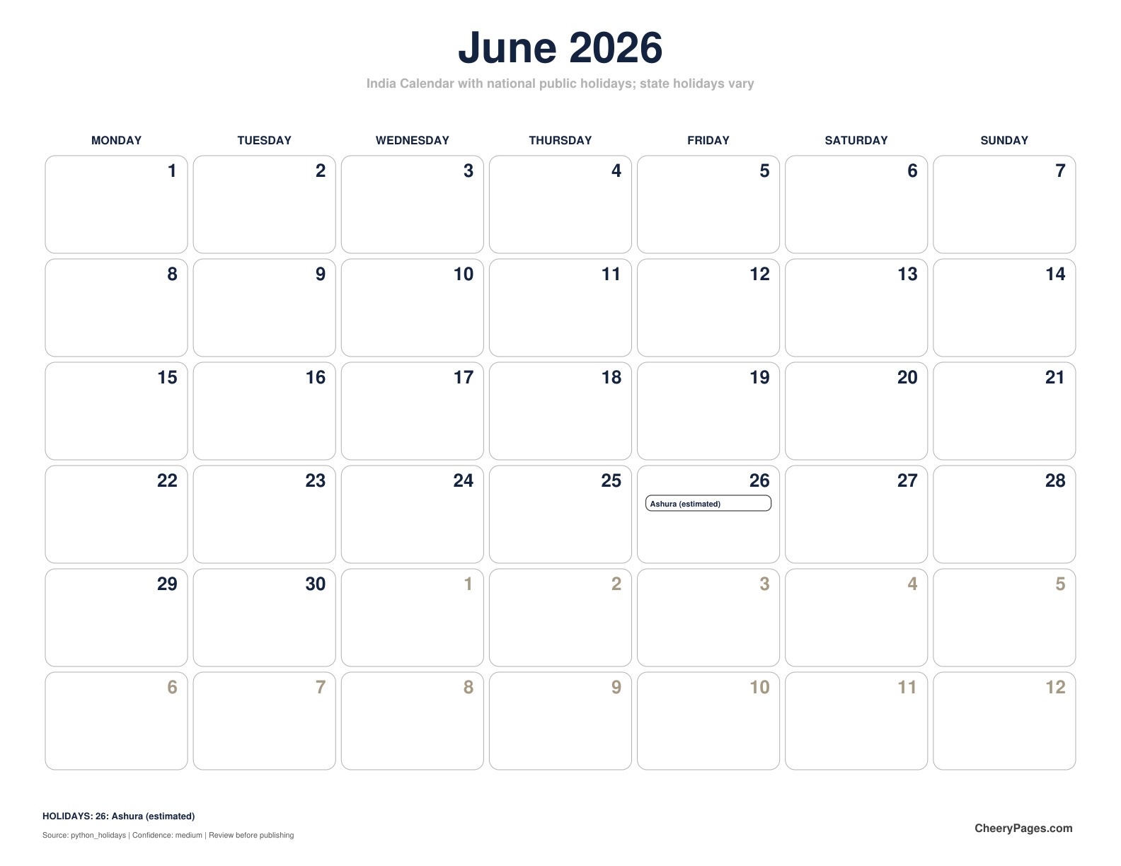 India June 2026 Calendar - Minimal Ink printable preview