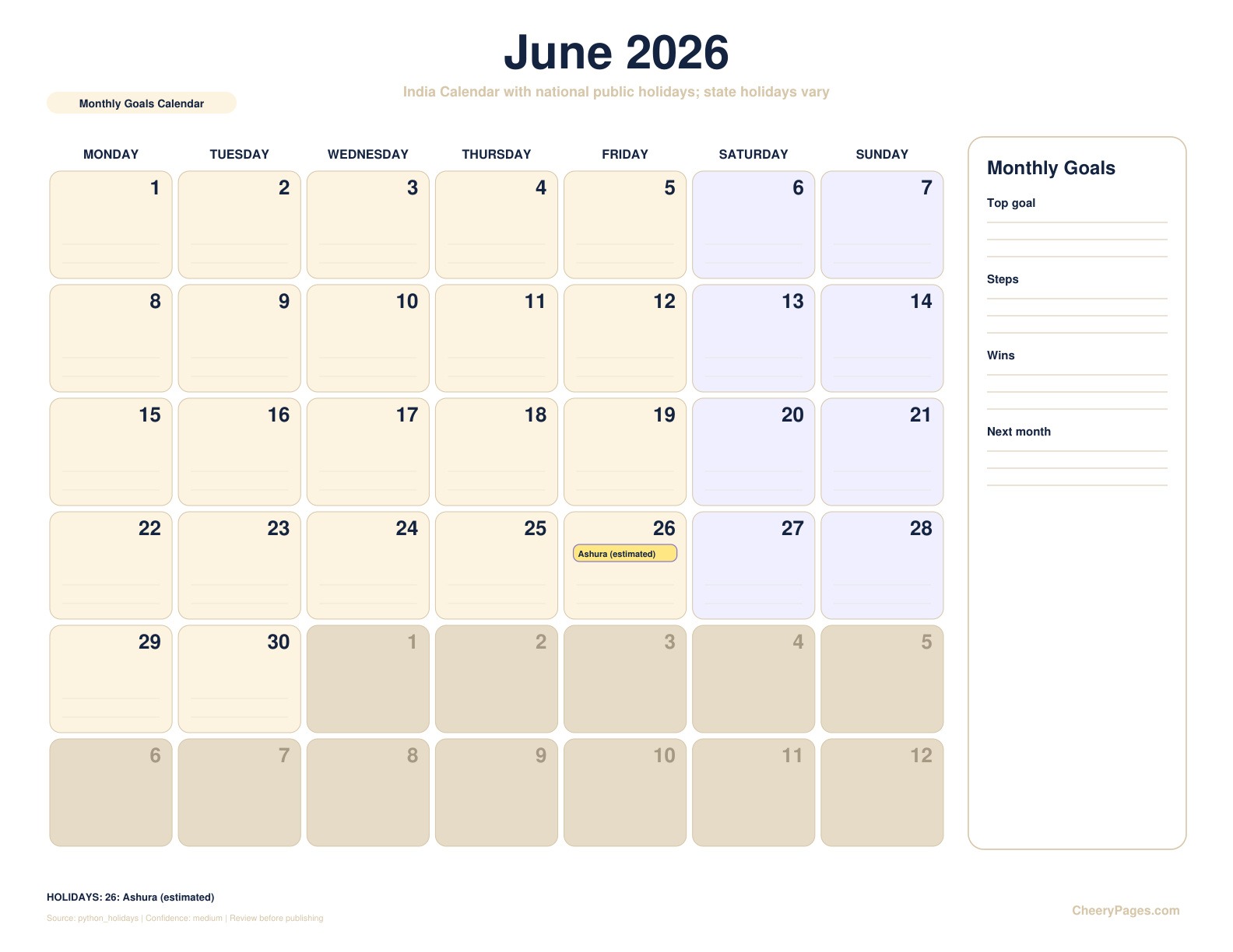 India June 2026 Calendar - Monthly Goals Calendar printable preview