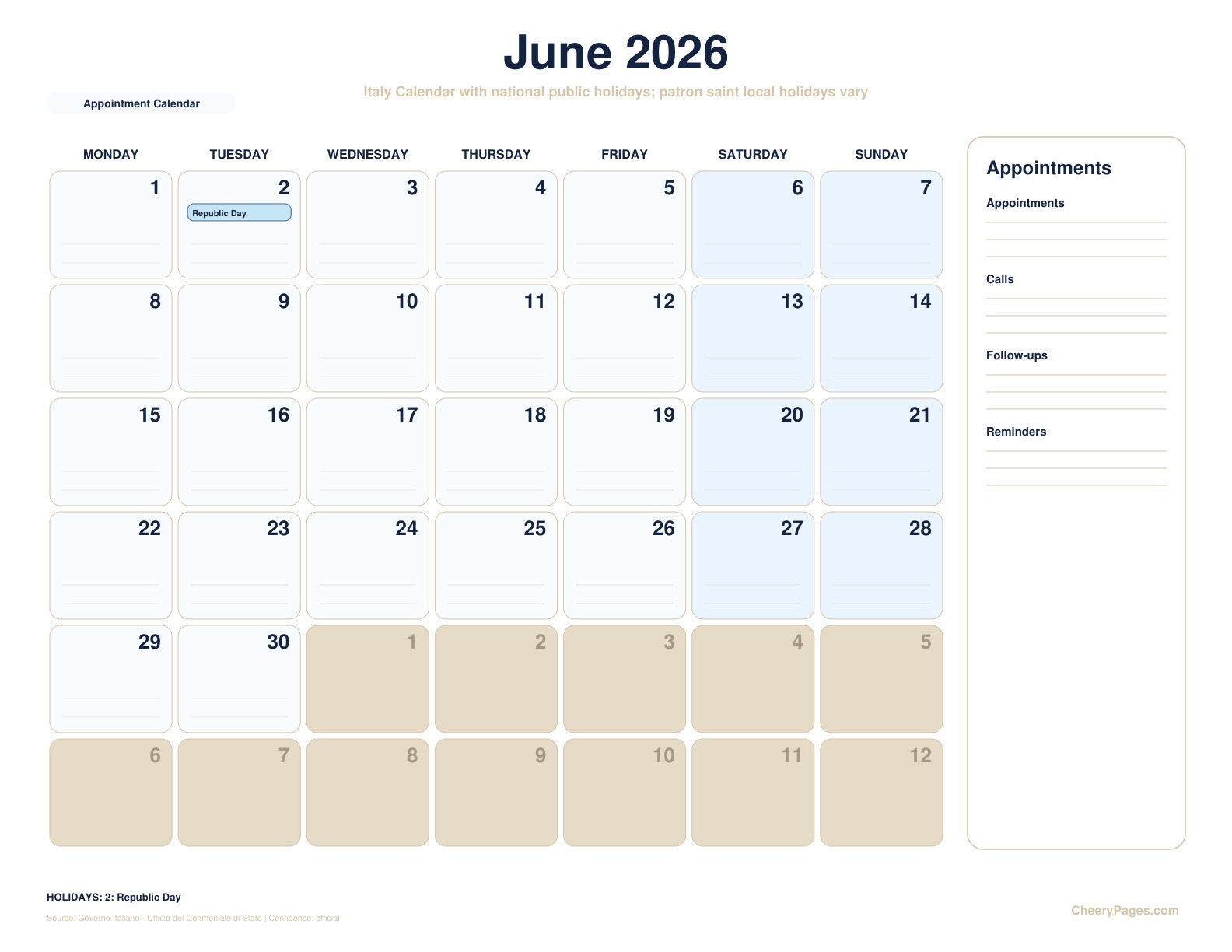Italy June 2026 Calendar - Appointment Calendar printable preview