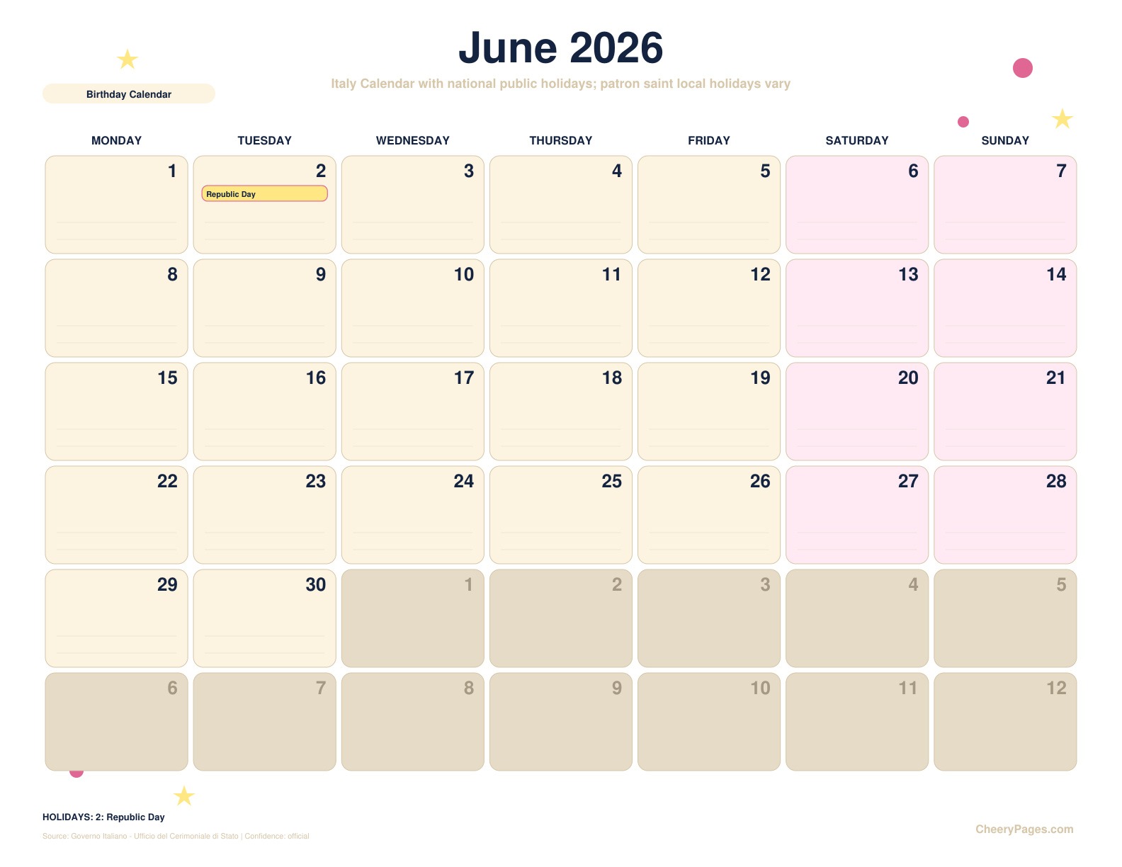 Italy June 2026 Calendar - Birthday Calendar printable preview