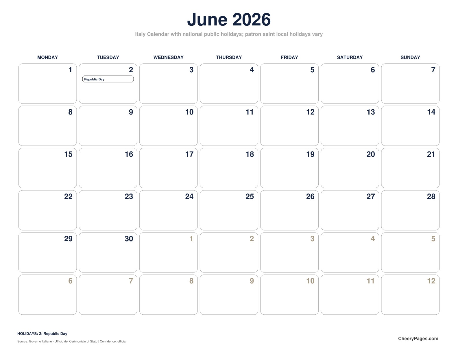 Italy June 2026 Calendar - Black and White Ink Saver printable preview