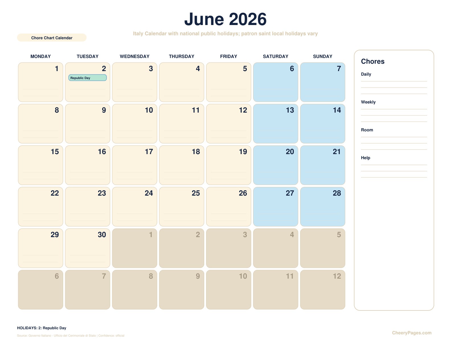 Italy June 2026 Calendar - Chore Chart Calendar printable preview