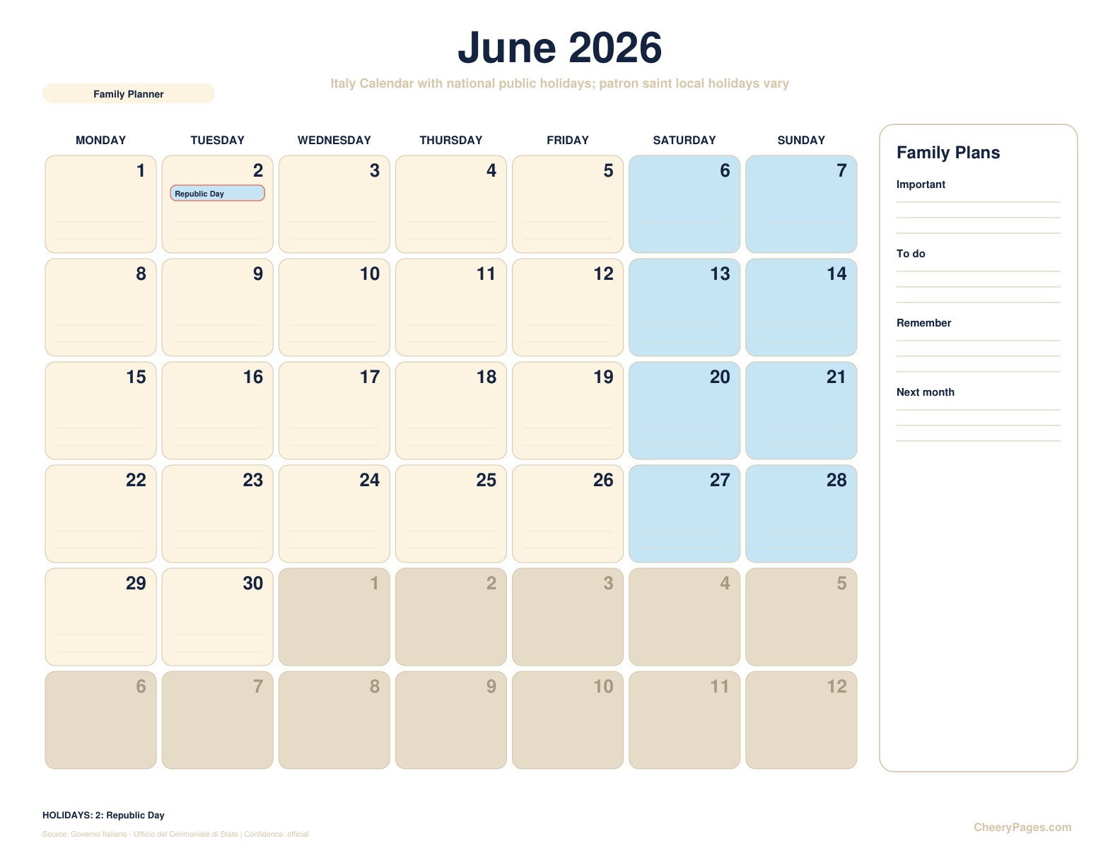 Italy June 2026 Calendar - Family Planner printable preview