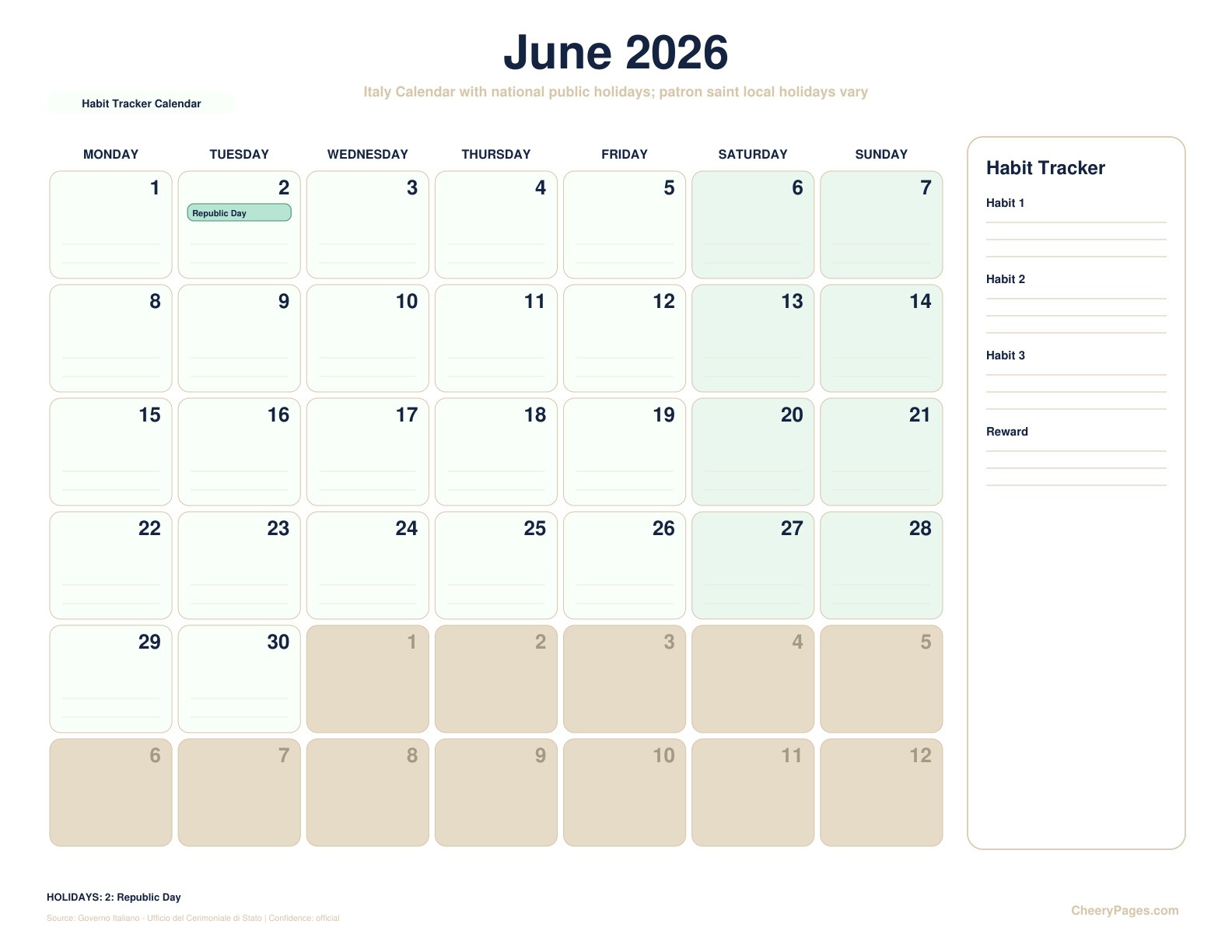 Italy June 2026 Calendar - Habit Tracker Calendar printable preview