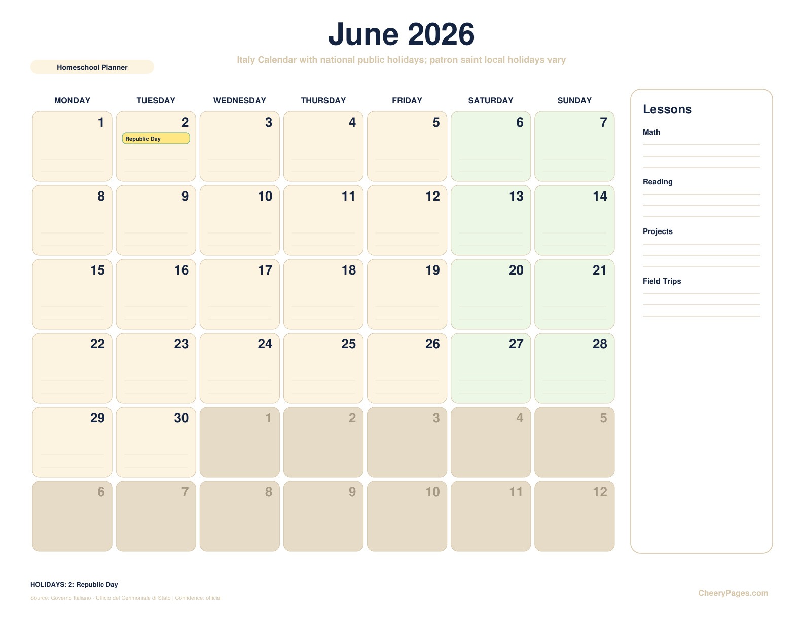 Italy June 2026 Calendar - Homeschool Planner printable preview