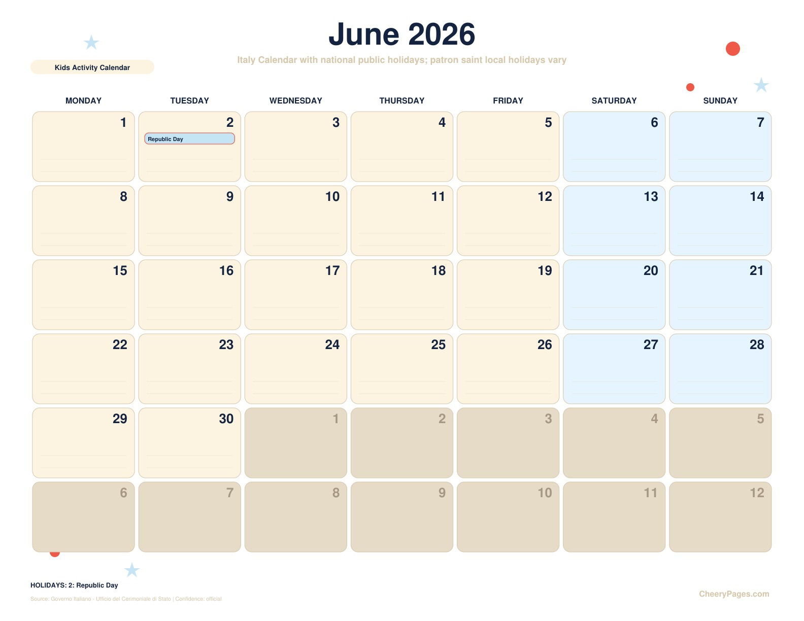Italy June 2026 Calendar - Kids Activity Calendar printable preview