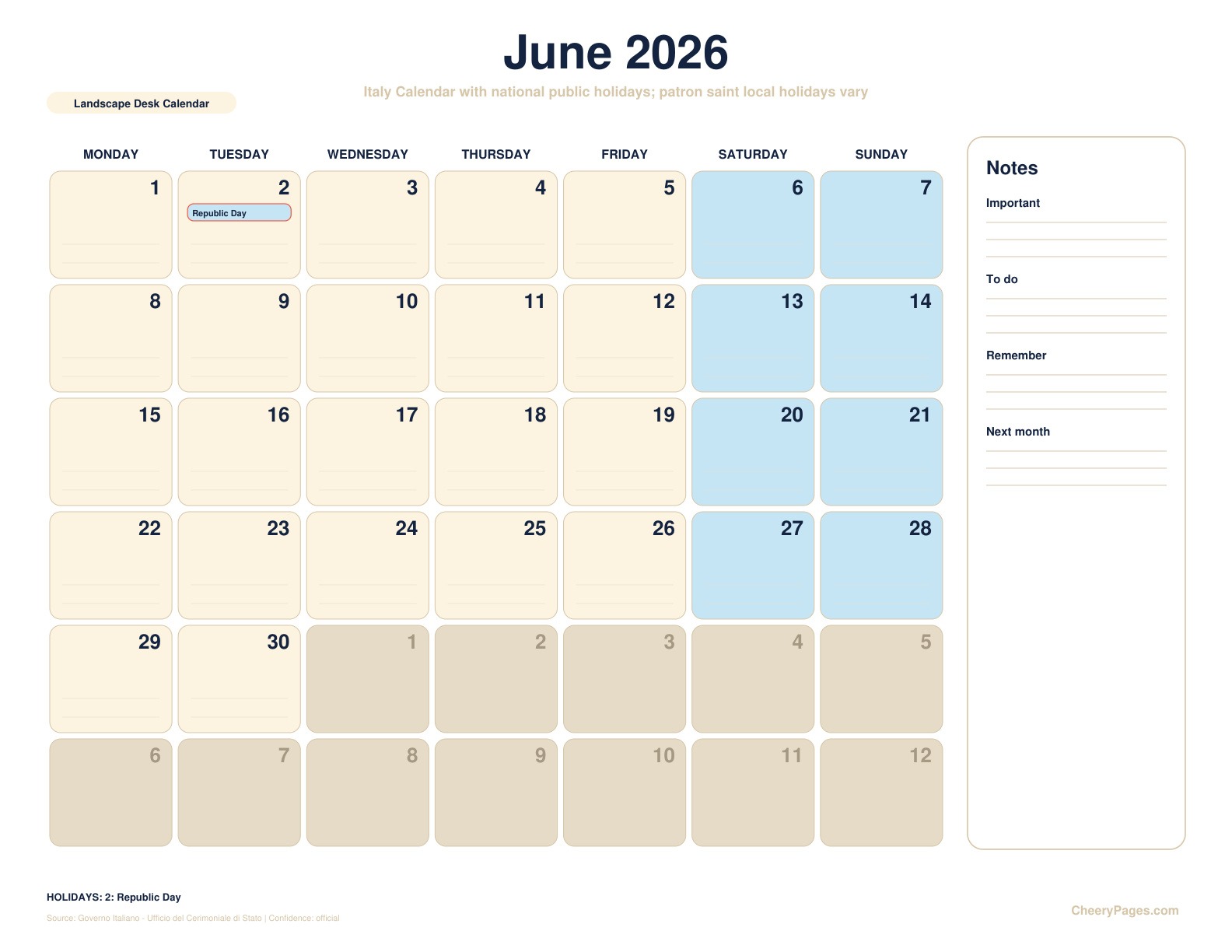 Italy June 2026 Calendar - Landscape Desk Calendar printable preview