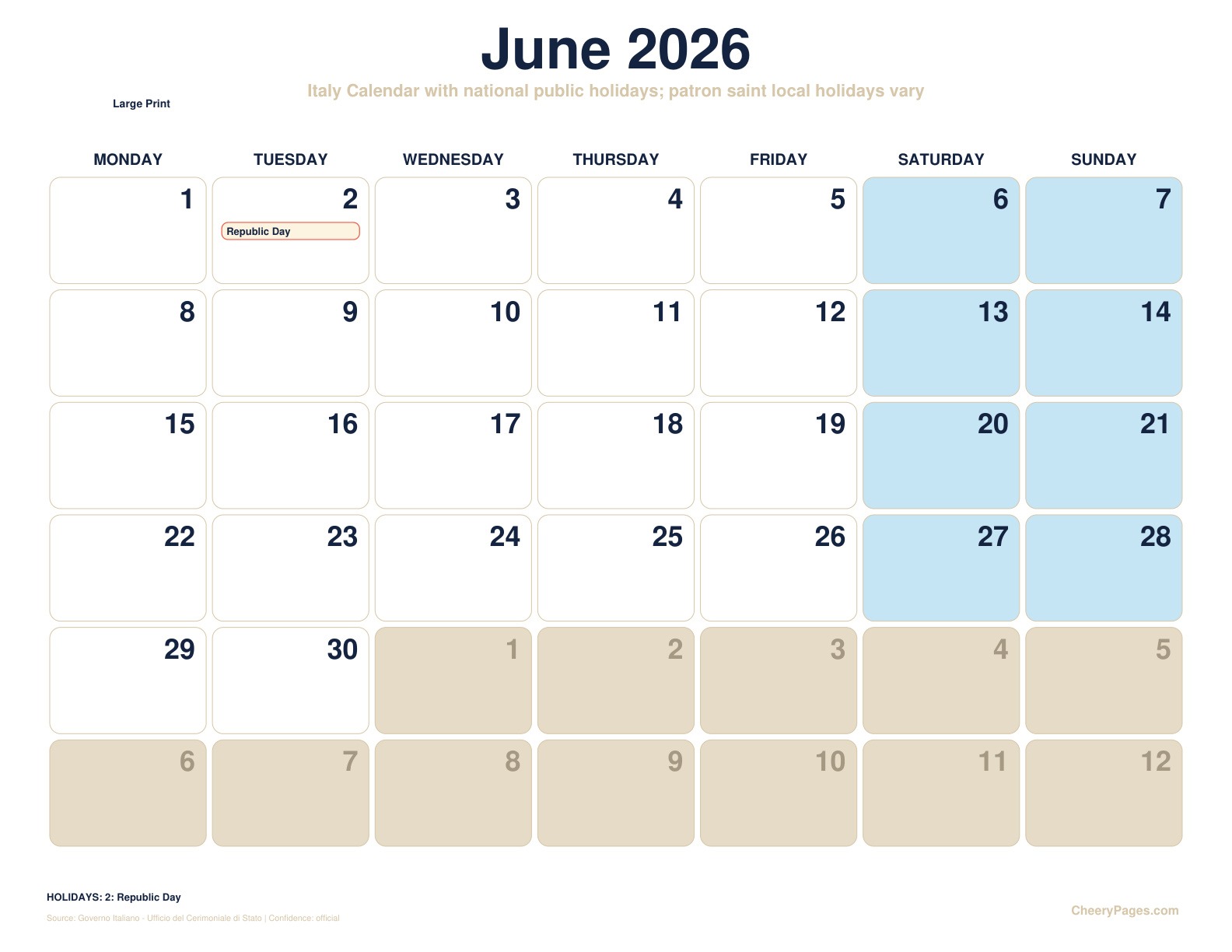 Italy June 2026 Calendar - Large Print printable preview