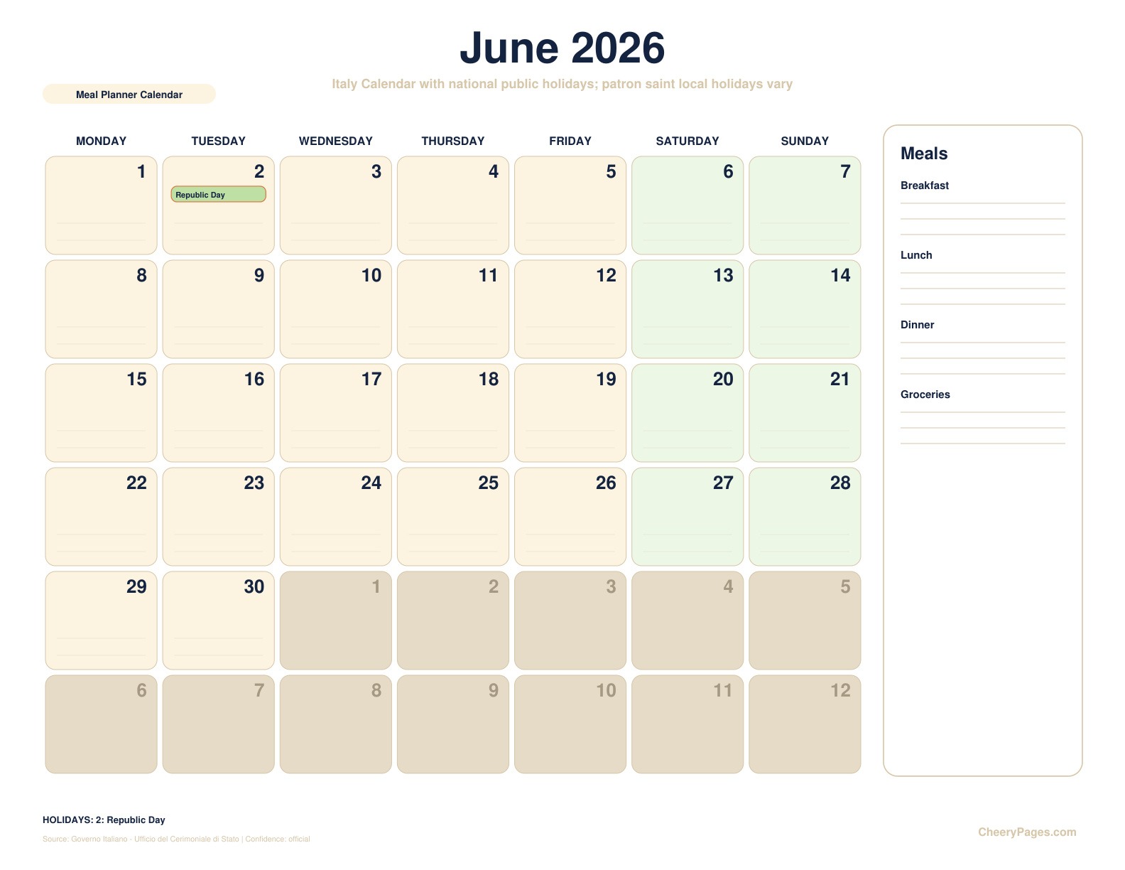 Italy June 2026 Calendar - Meal Planner Calendar printable preview