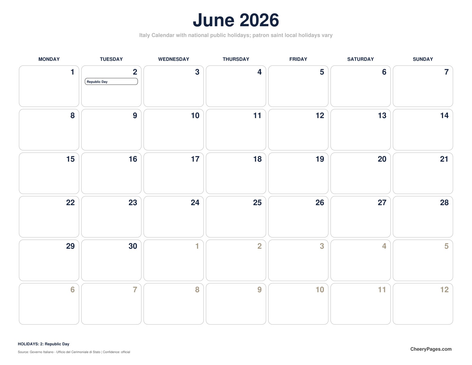 Italy June 2026 Calendar - Minimal Ink printable preview
