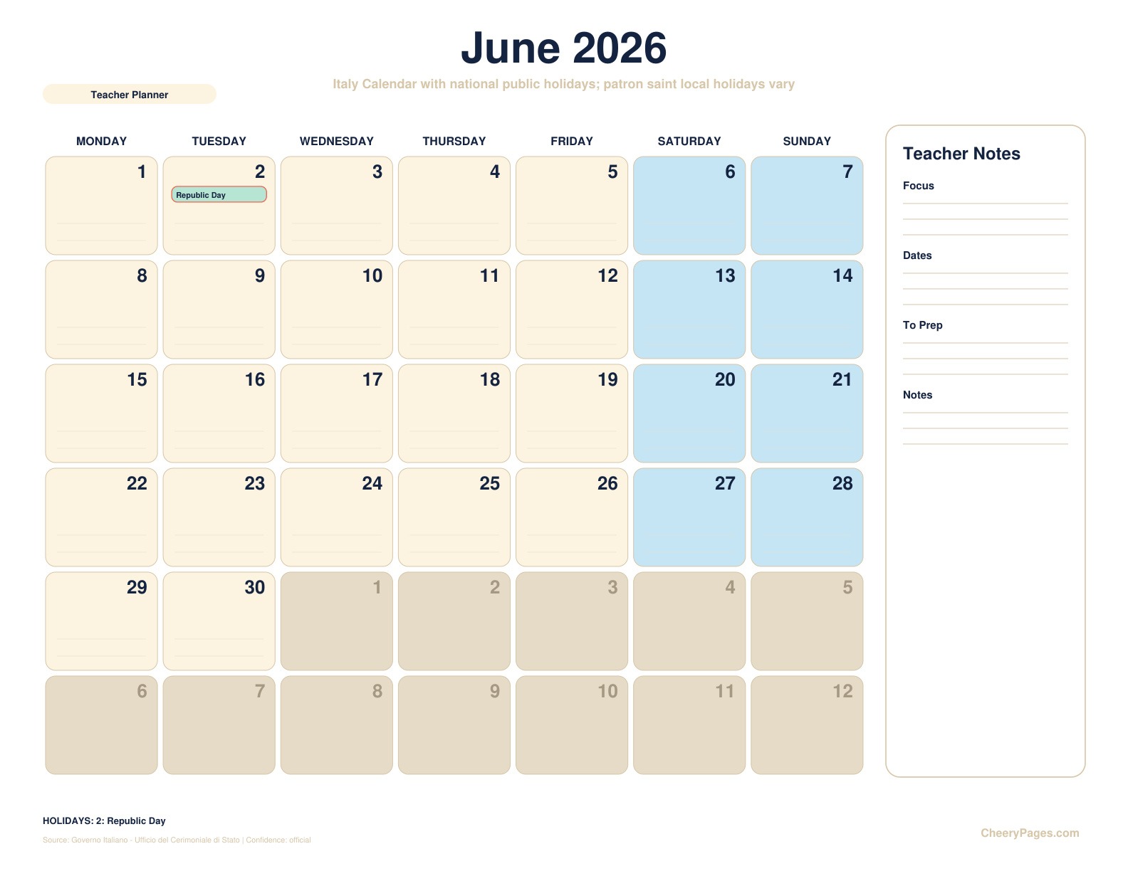 Italy June 2026 Calendar - Teacher Planner printable preview