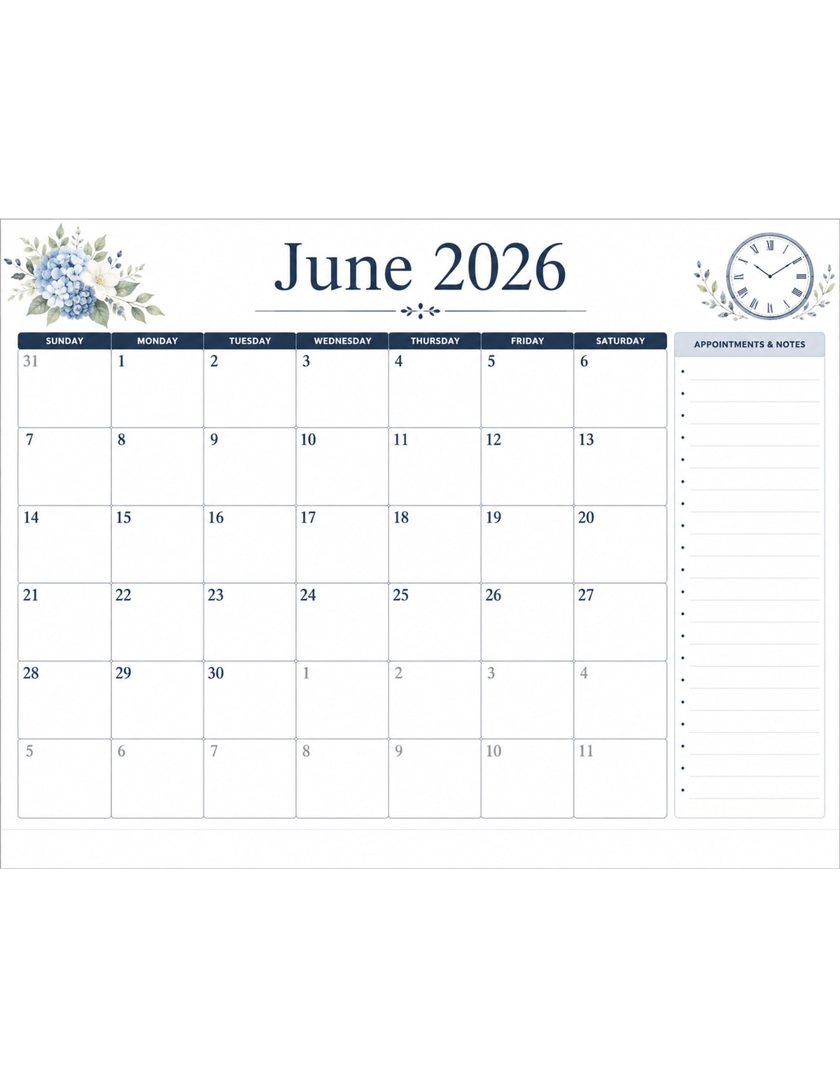 June 2026 Appointment Calendar printable preview