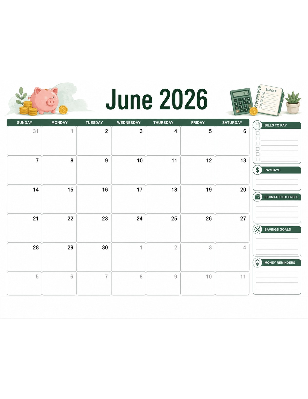 June 2026 Budget Calendar printable preview
