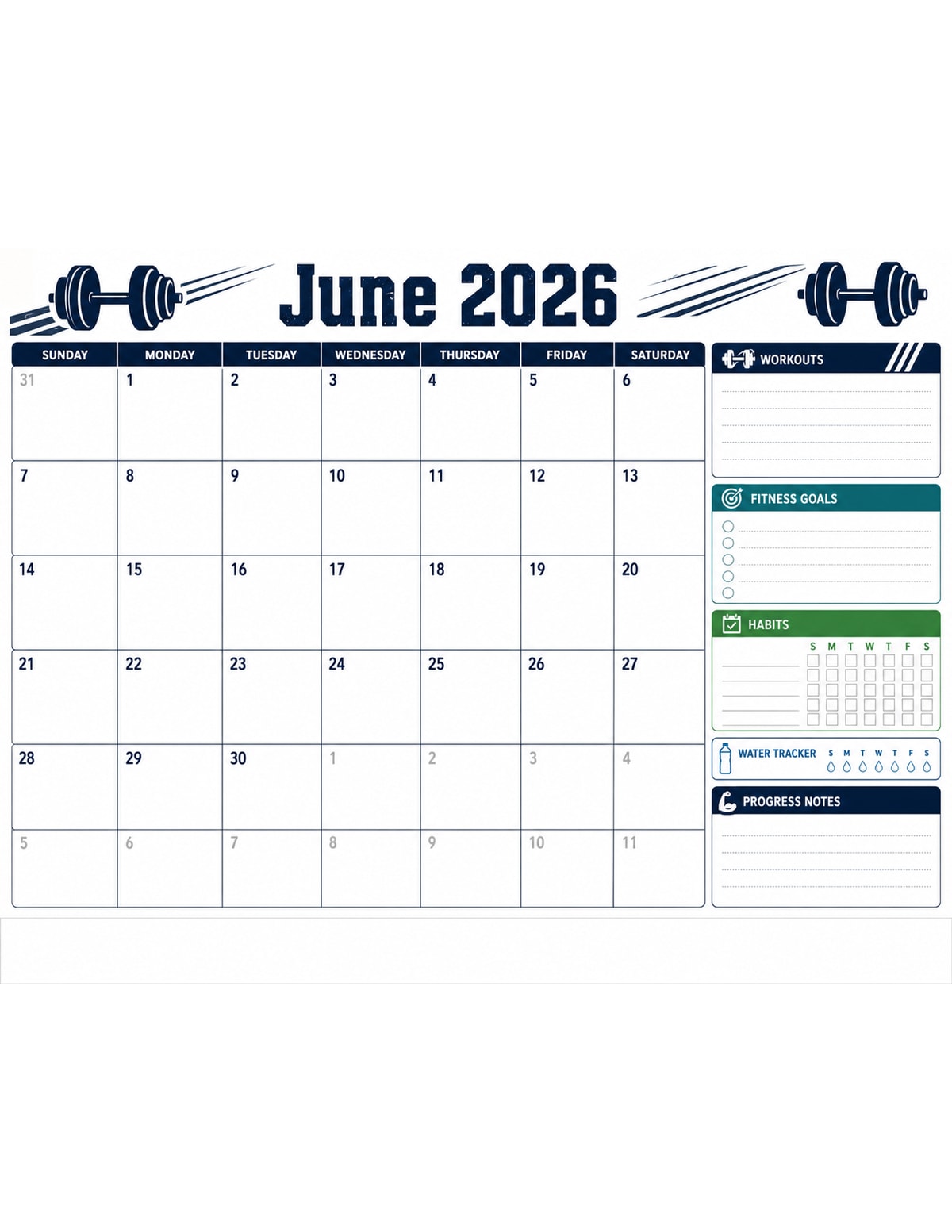 June 2026 Fitness Calendar printable preview