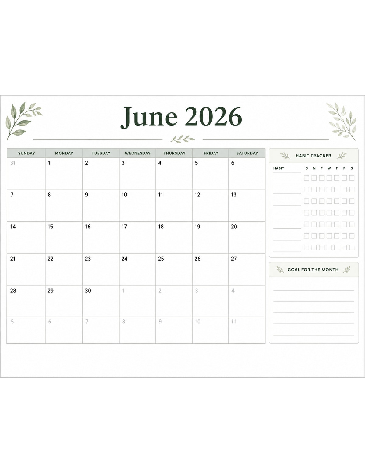 June 2026 Habit Tracker Calendar printable preview