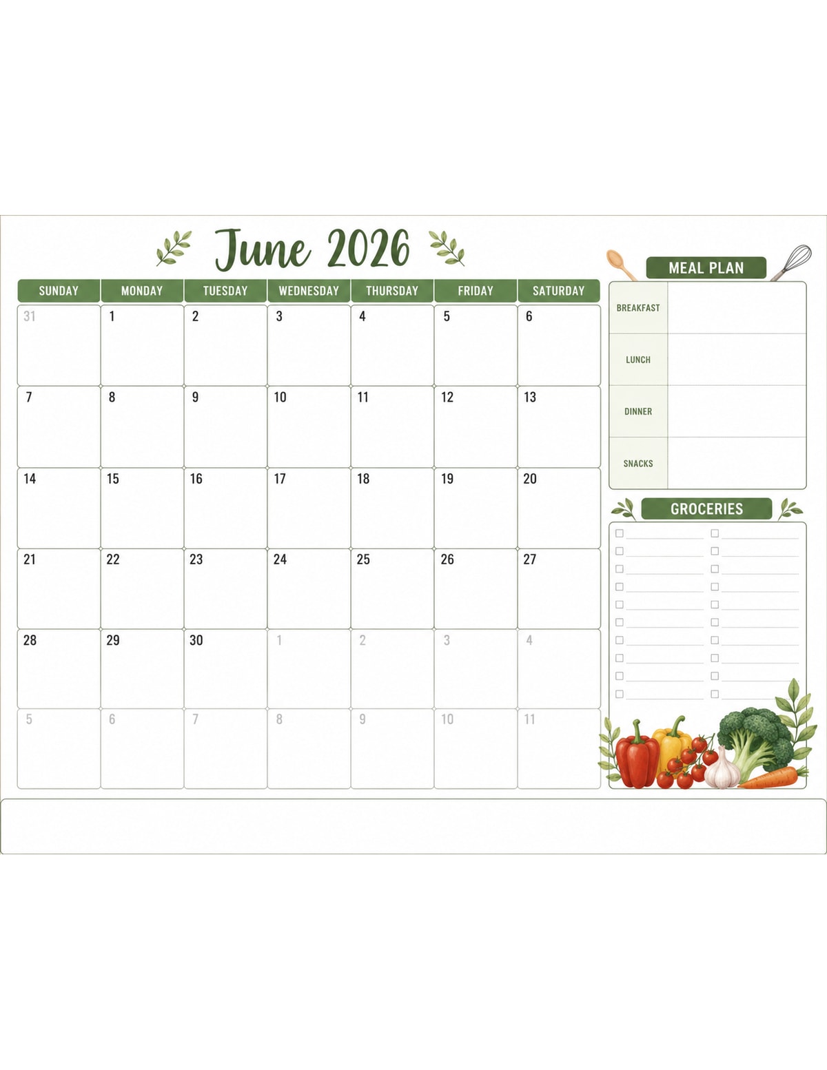 June 2026 Meal Planner Calendar printable preview