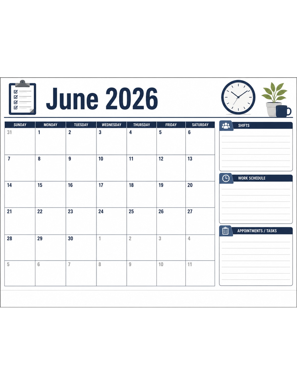 June 2026 Work Schedule Calendar printable preview