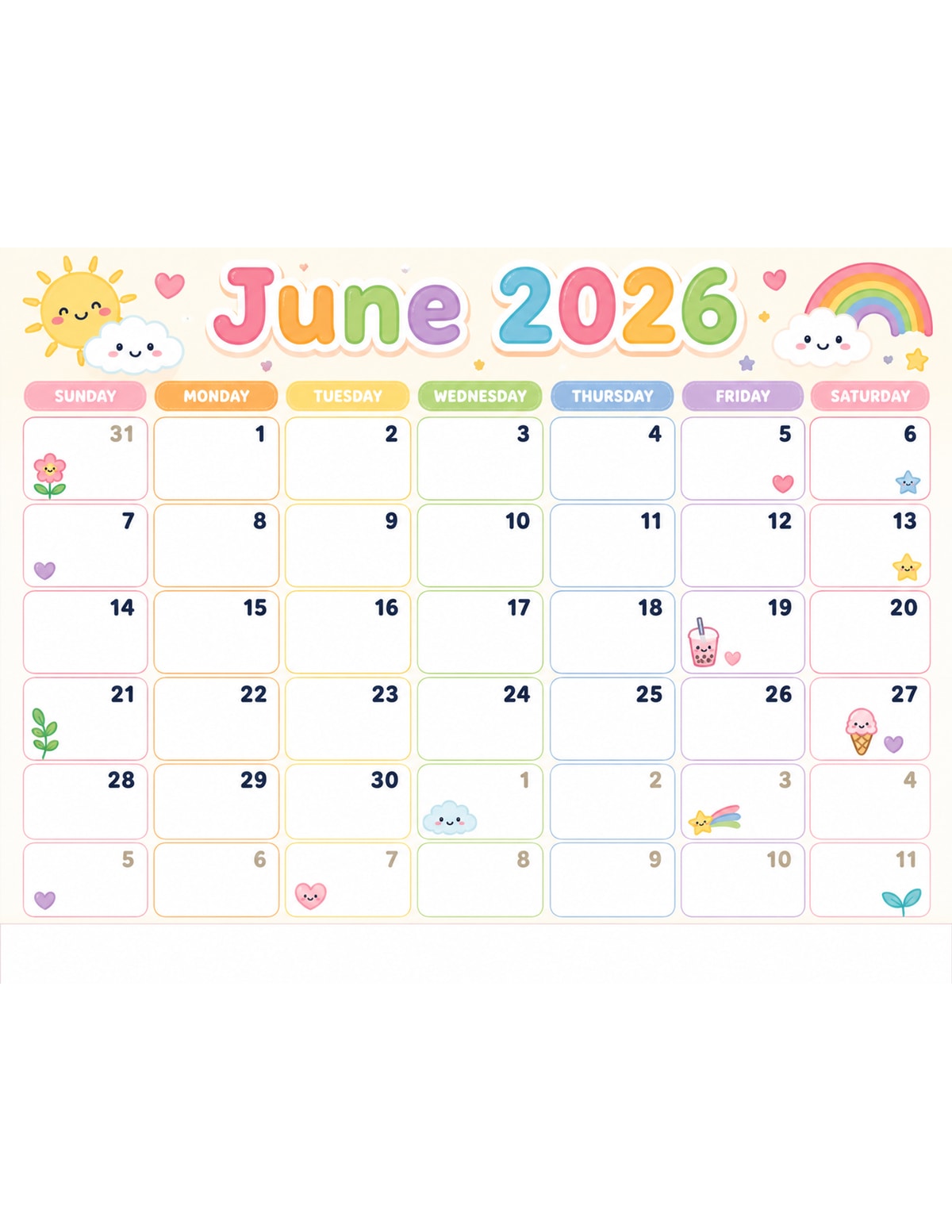 Kawaii June 2026 Calendar printable preview