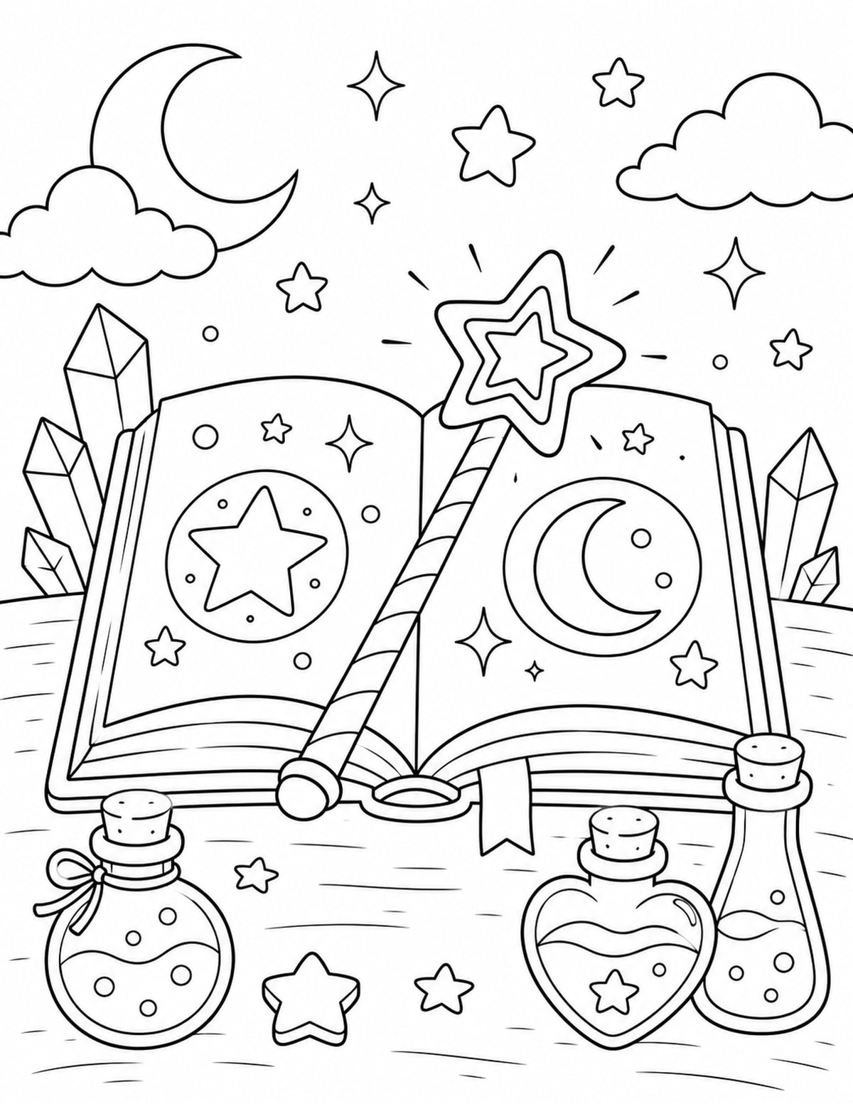 Magic Wand Resting on an Open Spell Book printable preview