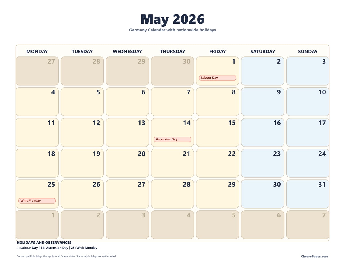 Germany May 2026 Calendar - Bold printable preview