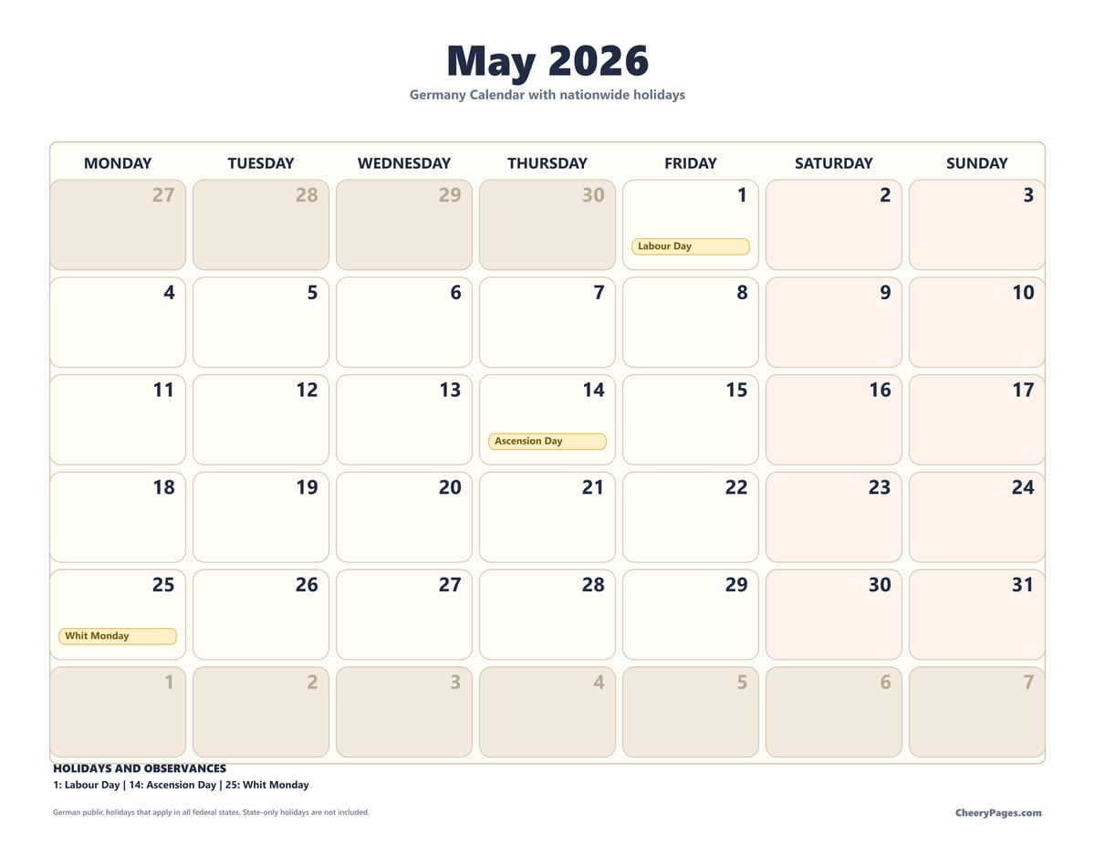 Germany May 2026 Calendar - Classroom printable preview