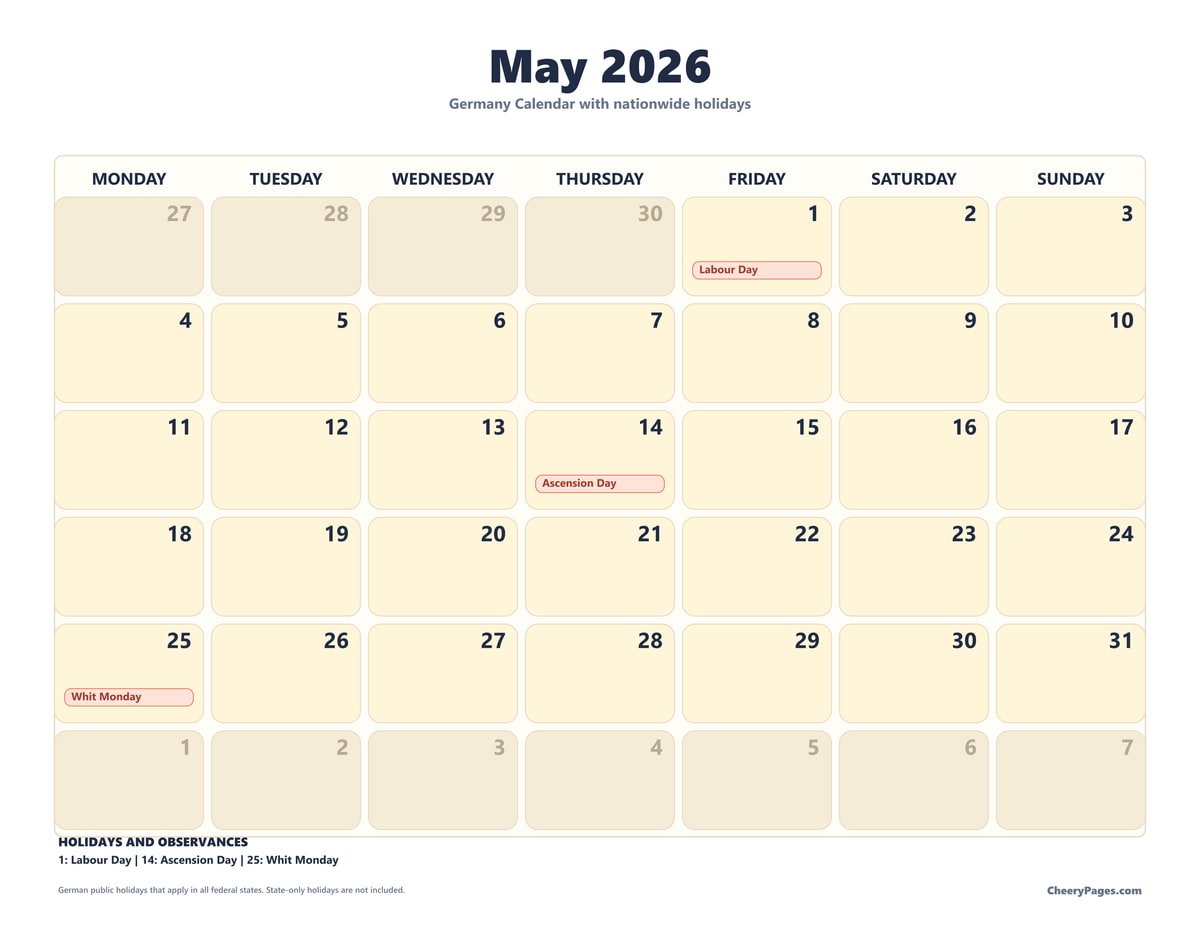 Germany May 2026 Calendar - Clean printable preview