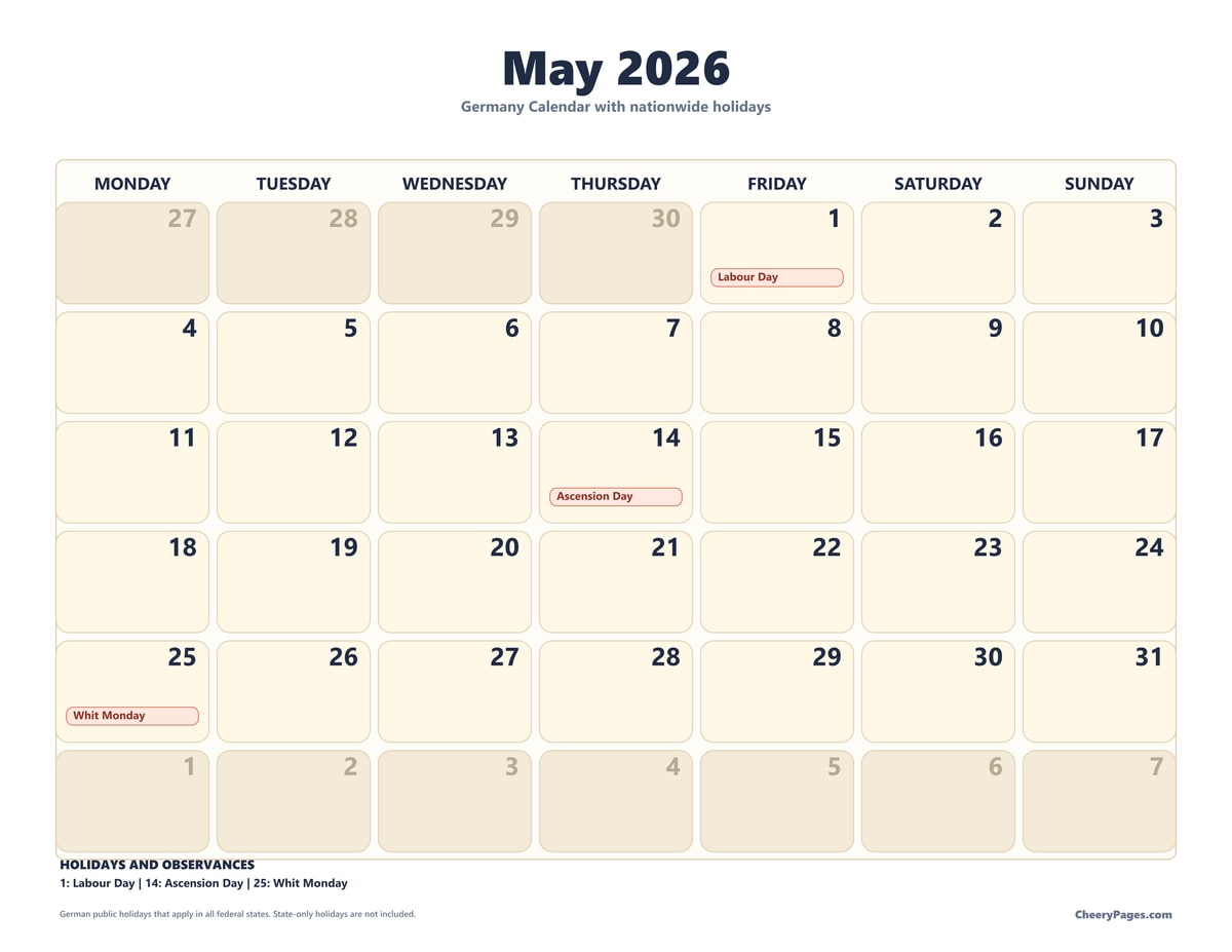 Germany May 2026 Calendar - Large Print printable preview