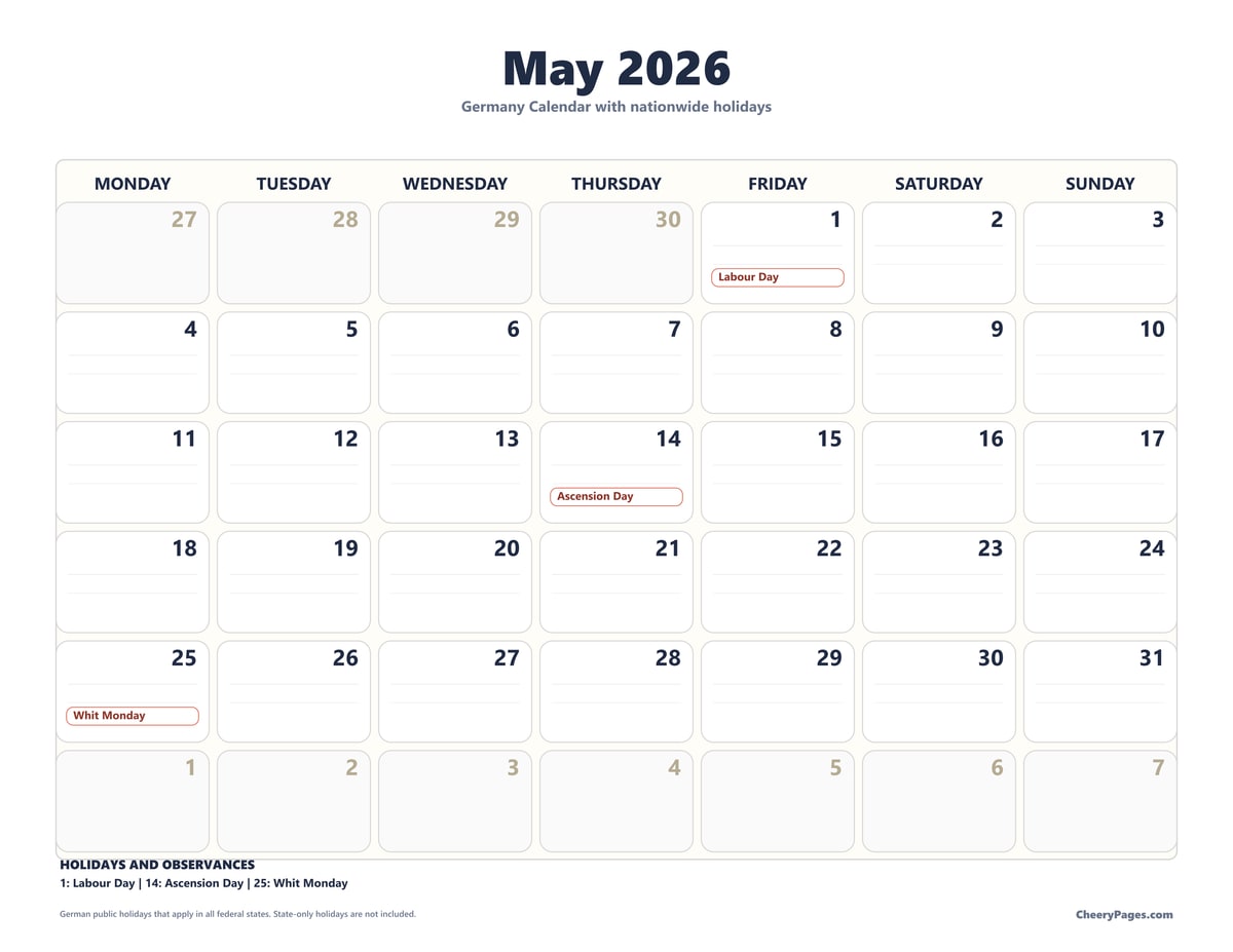 Germany May 2026 Calendar - Minimal Ink printable preview