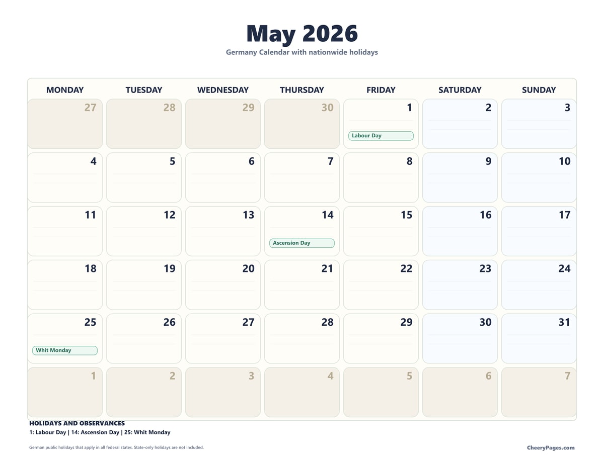 Germany May 2026 Calendar - Notes printable preview