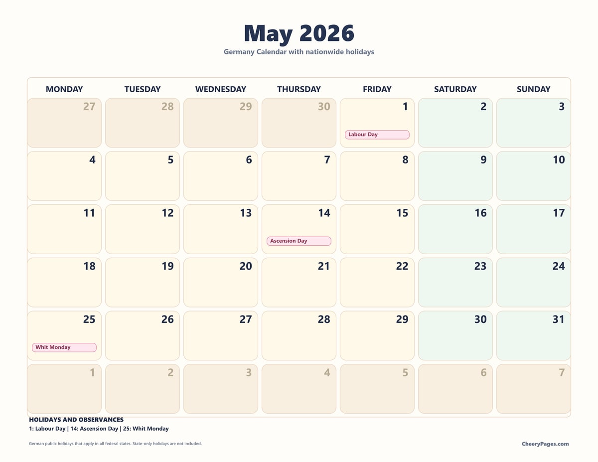 Germany May 2026 Calendar - Pastel printable preview