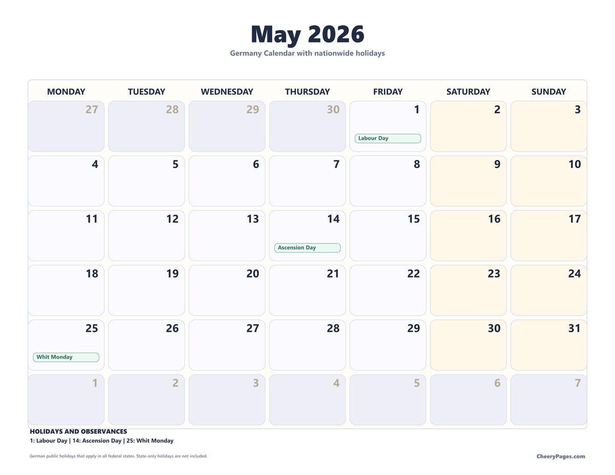 Germany May 2026 Calendar - Soft Grid printable preview