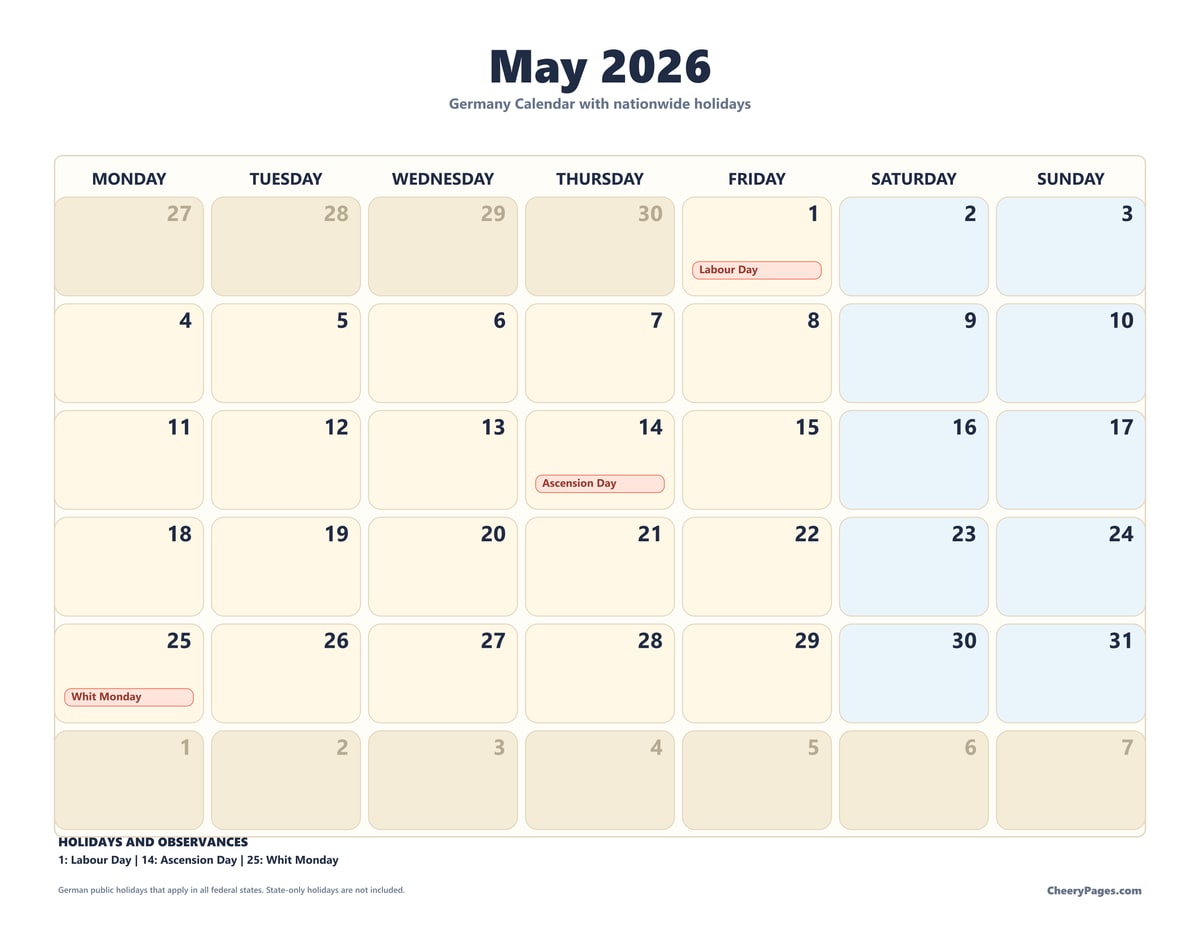 Germany May 2026 Calendar - Weekend Shaded printable preview