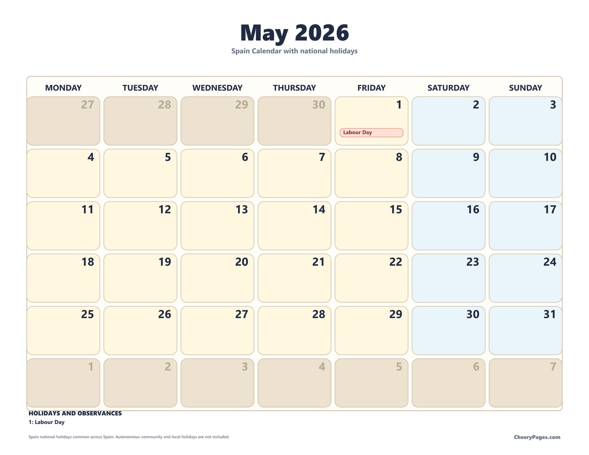 Spain May 2026 Calendar - Bold printable preview