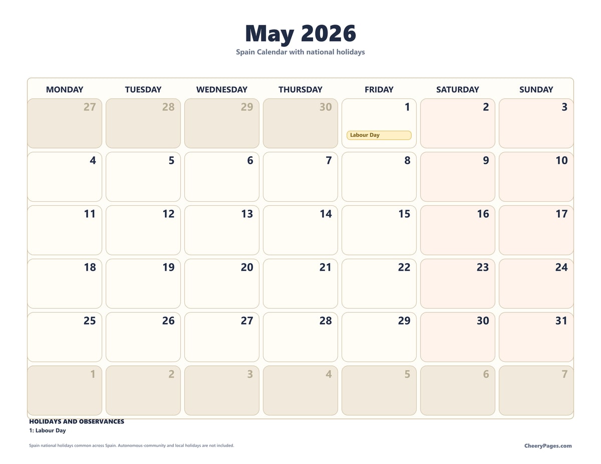 Spain May 2026 Calendar - Classroom printable preview