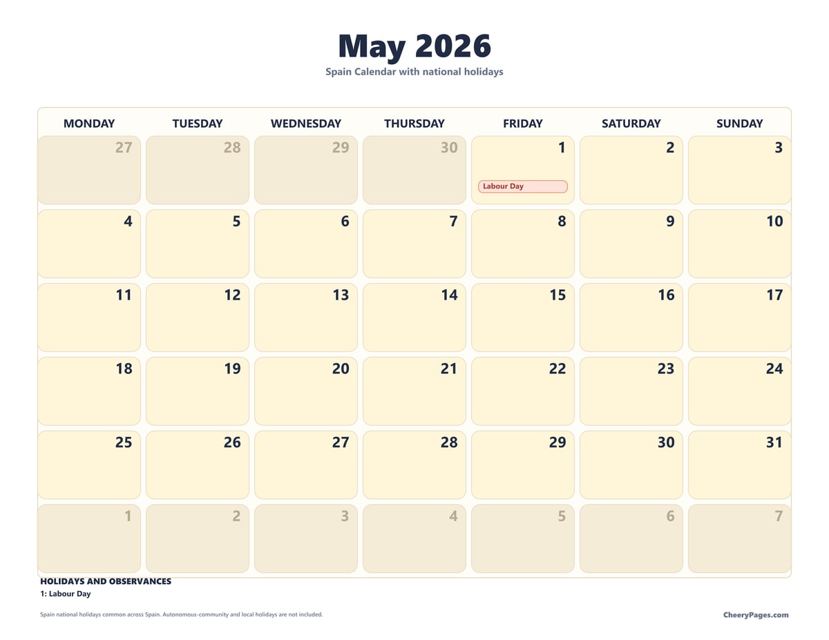 Spain May 2026 Calendar - Clean printable preview