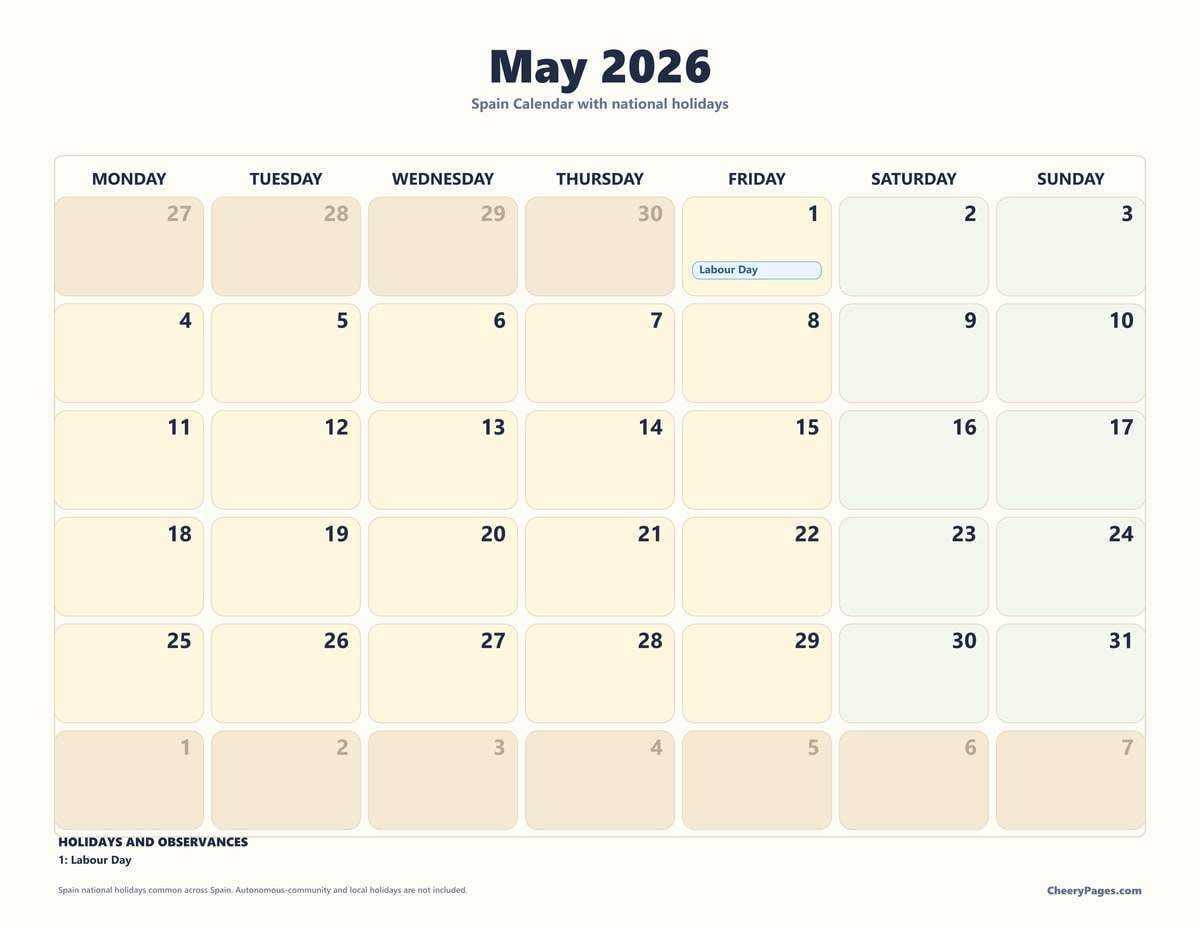Spain May 2026 Calendar - Family Planner printable preview