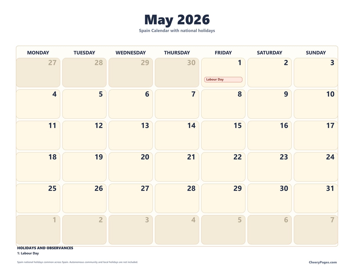 Spain May 2026 Calendar - Large Print printable preview