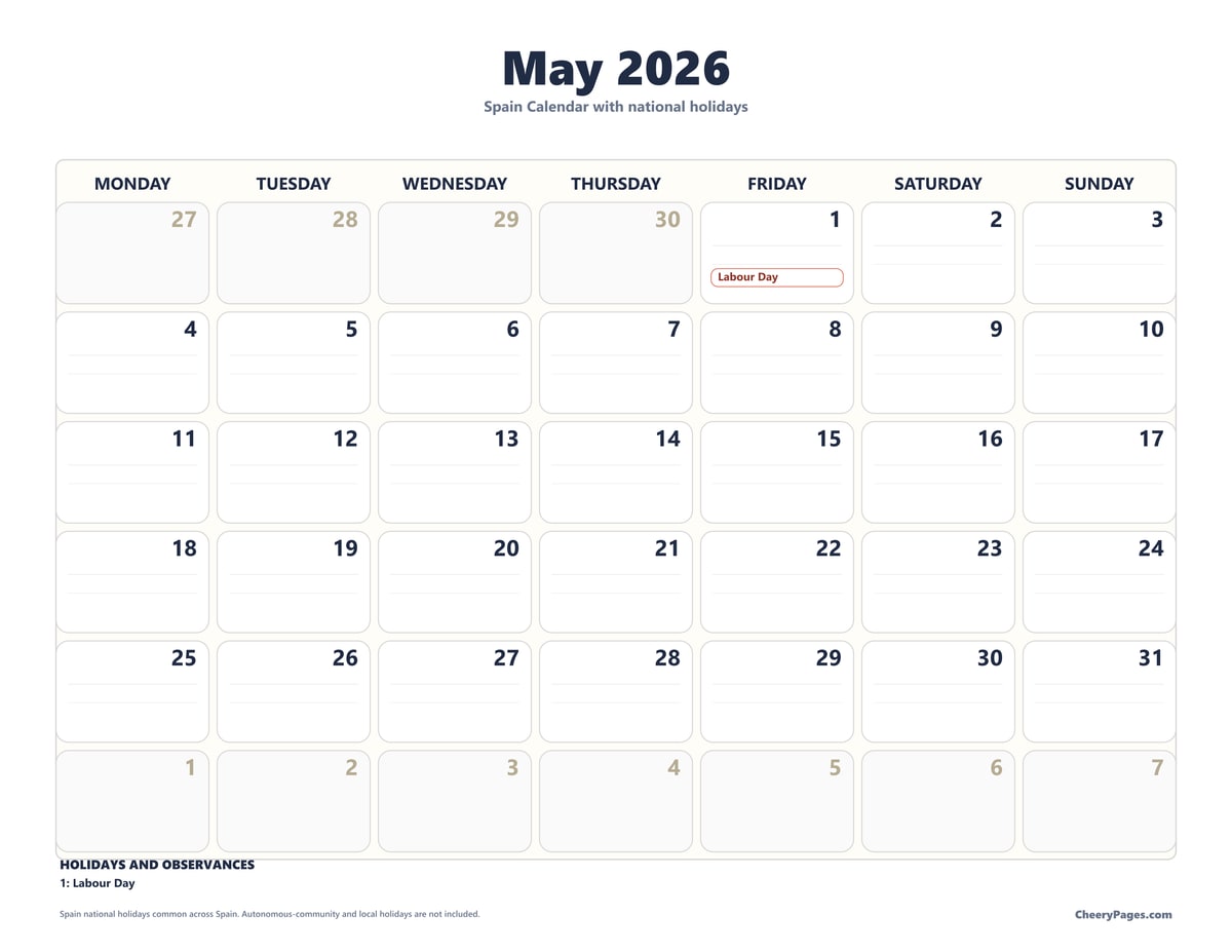 Spain May 2026 Calendar - Minimal Ink printable preview